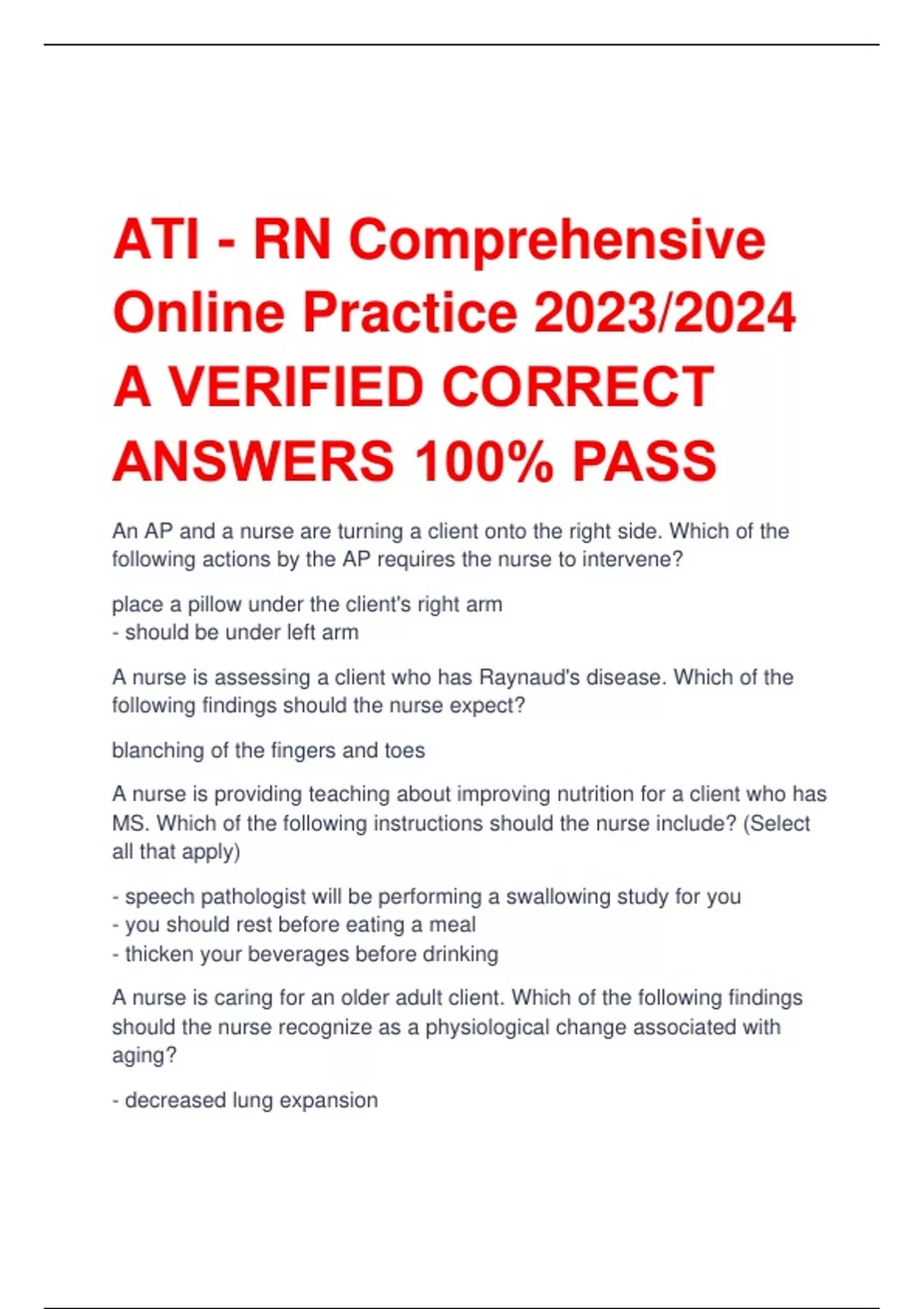 ATI RN Comprehensive Online Practice 2023/2024 A VERIFIED CORRECT