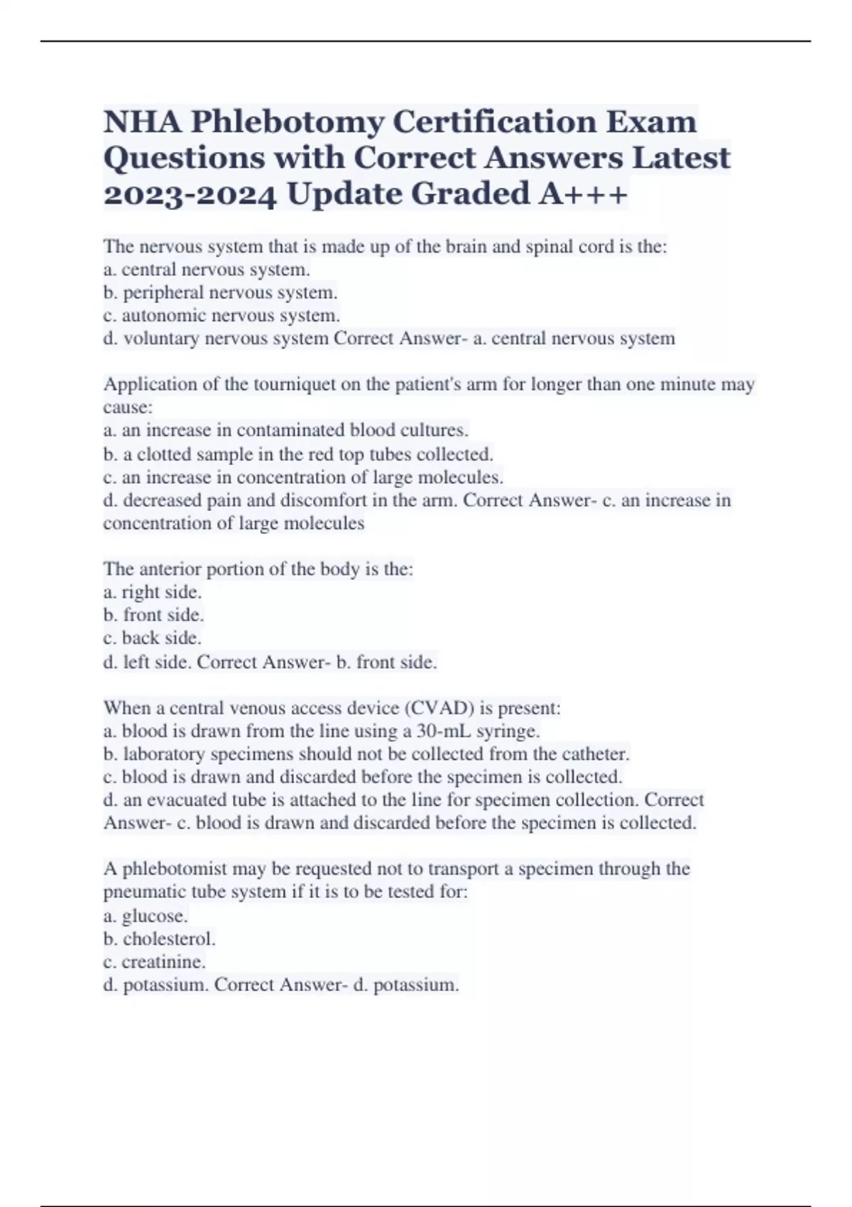 Nha Phlebotomy Certification Exam Questions With Correct Answers Latest Update Graded A Nha