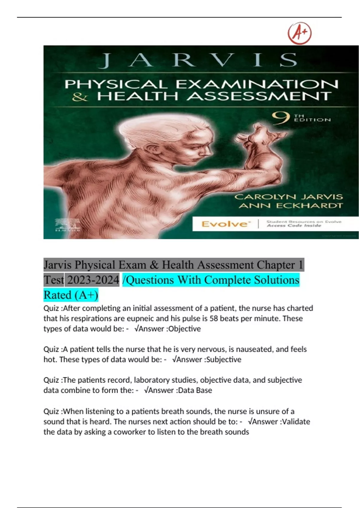 Jarvis Physical Exam & Health Assessment Chapter 1 Test /Questions With Complete Solutions Rated