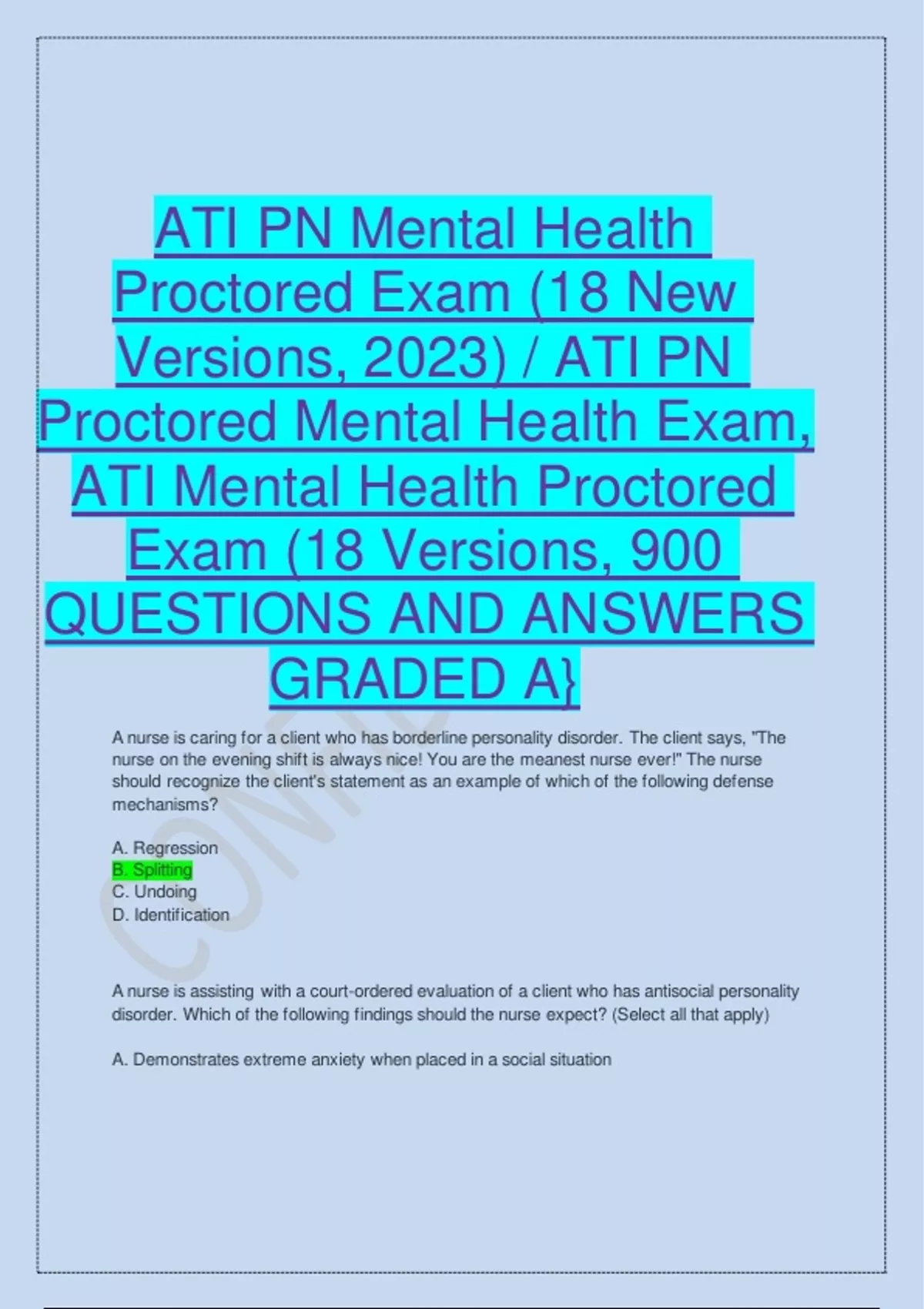 ATI PN Mental Health Proctored Exam (18 New Versions, 2023) / ATI PN