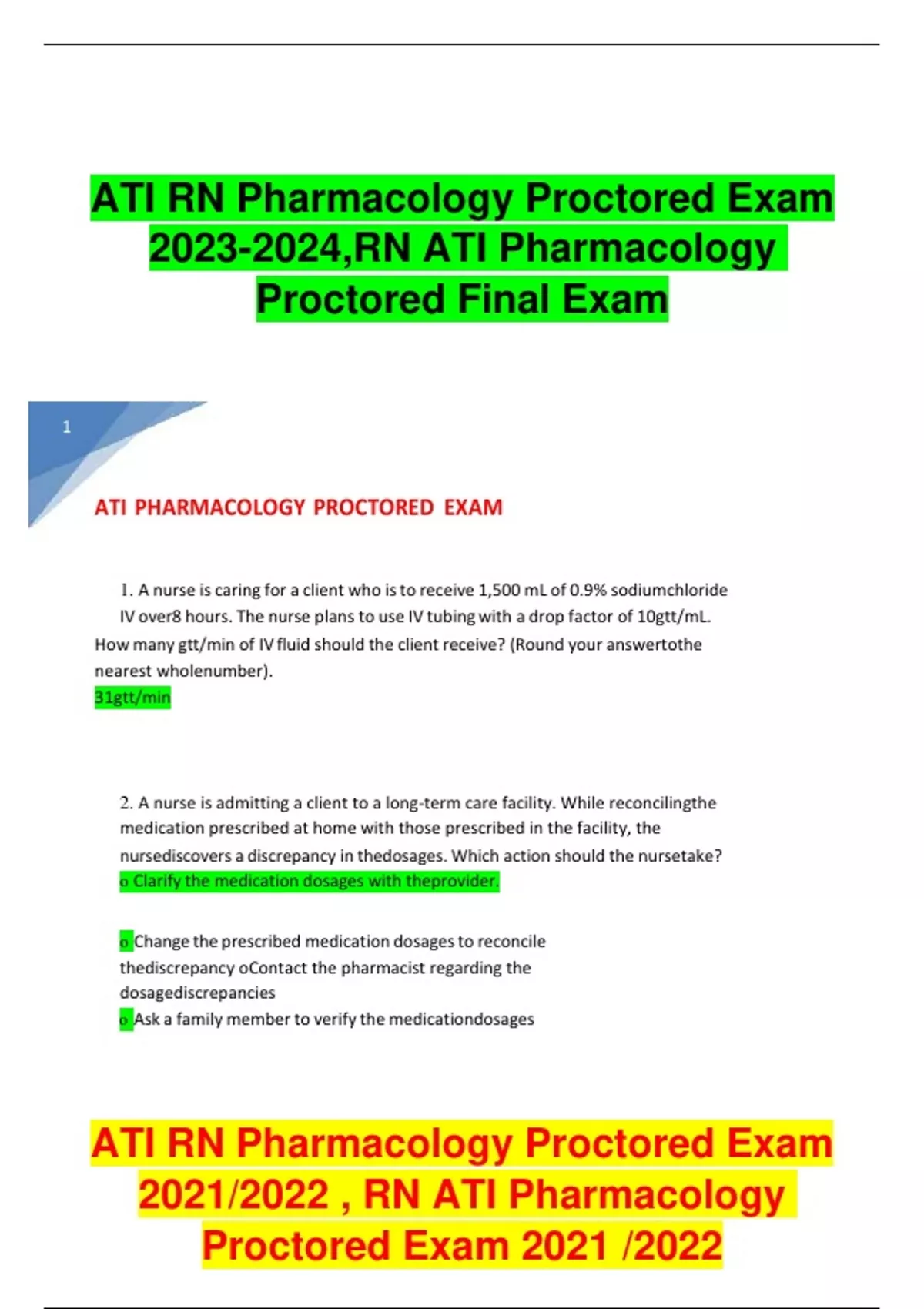 ATI RN Pharmacology Proctored Exam , RN ATI Pharmacology Proctored
