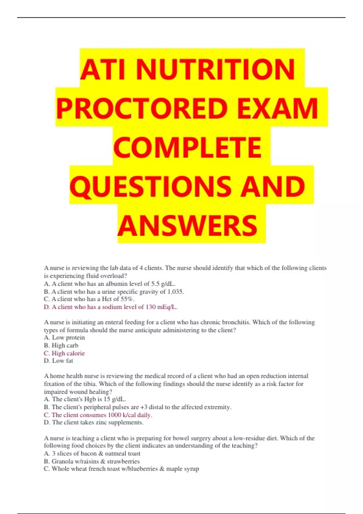 ATI NUTRITION PROCTORED EXAM COMPLETE QUESTIONS AND ANSWERS ATI