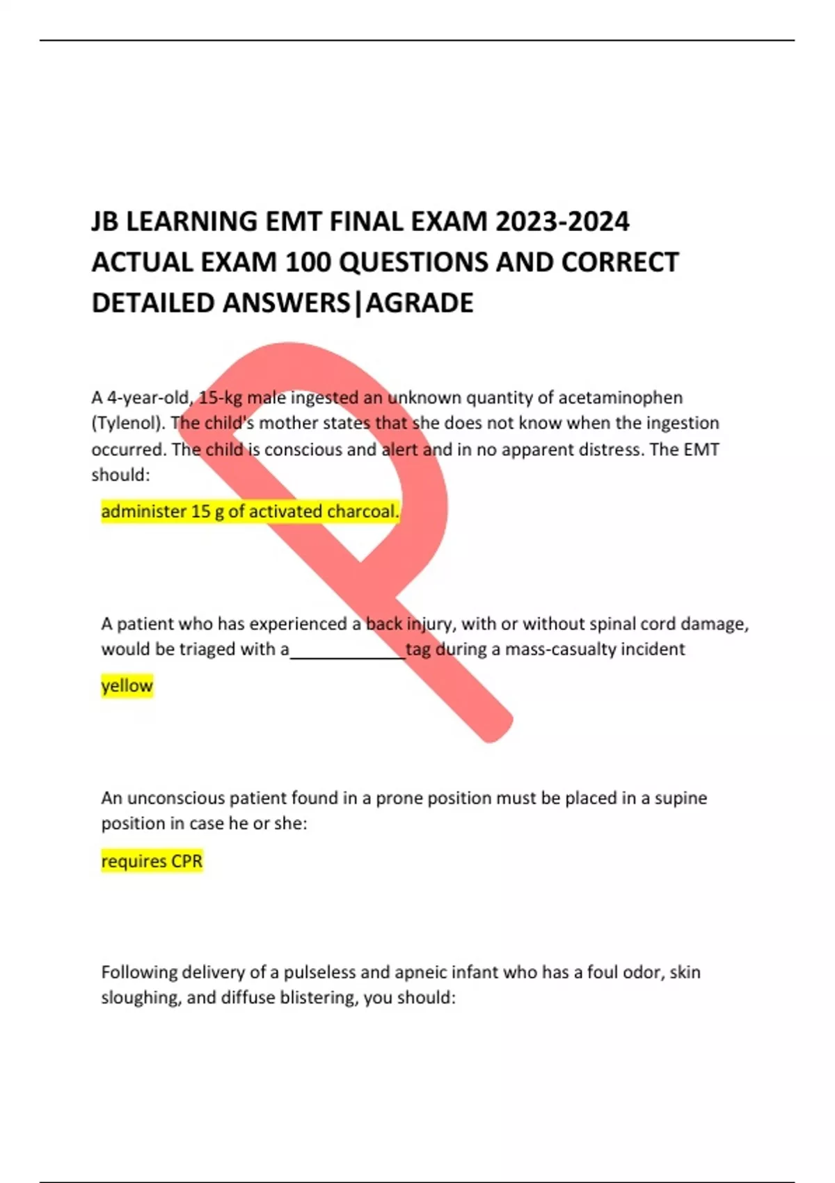 JB LEARNING EMT FINAL EXAM ACTUAL EXAM 100 QUESTIONS AND CORRECT ...