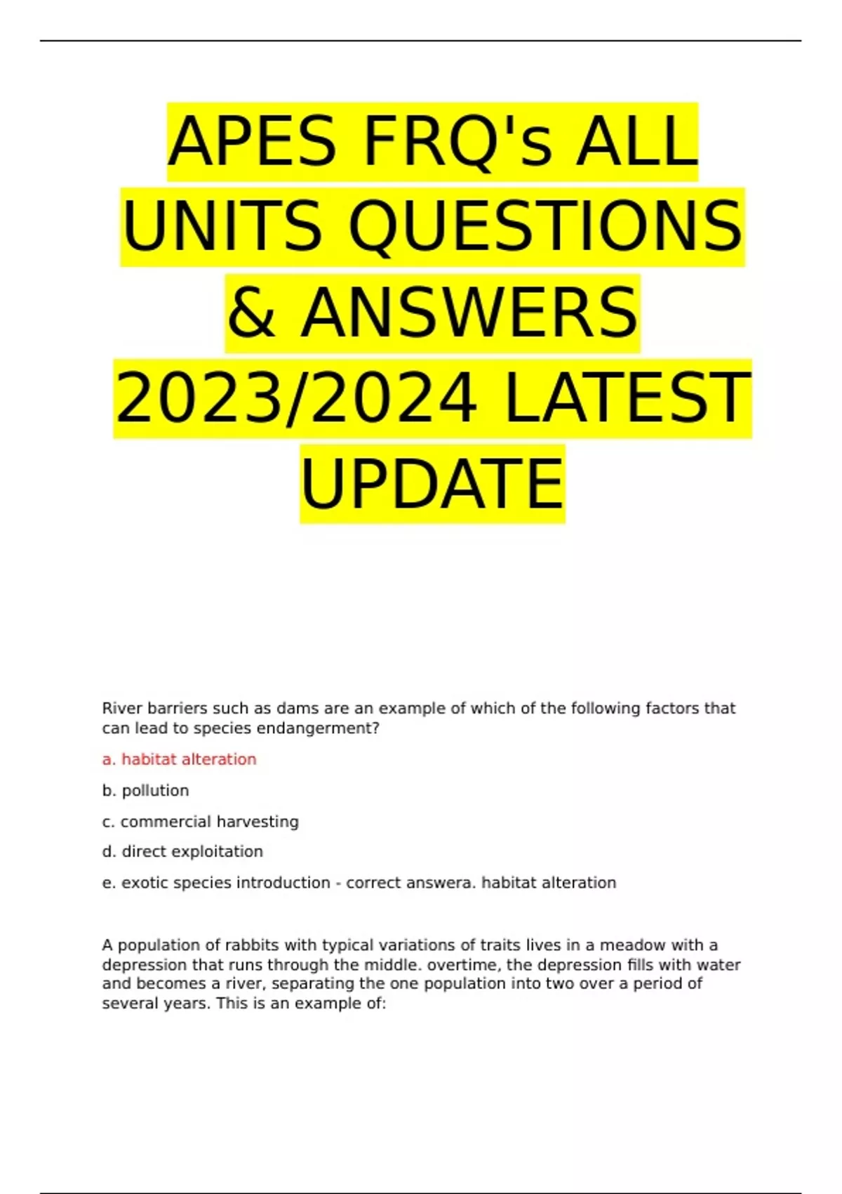 APES FRQ's ALL UNITS QUESTIONS & ANSWERS 2023/2024 LATEST UPDATE APES
