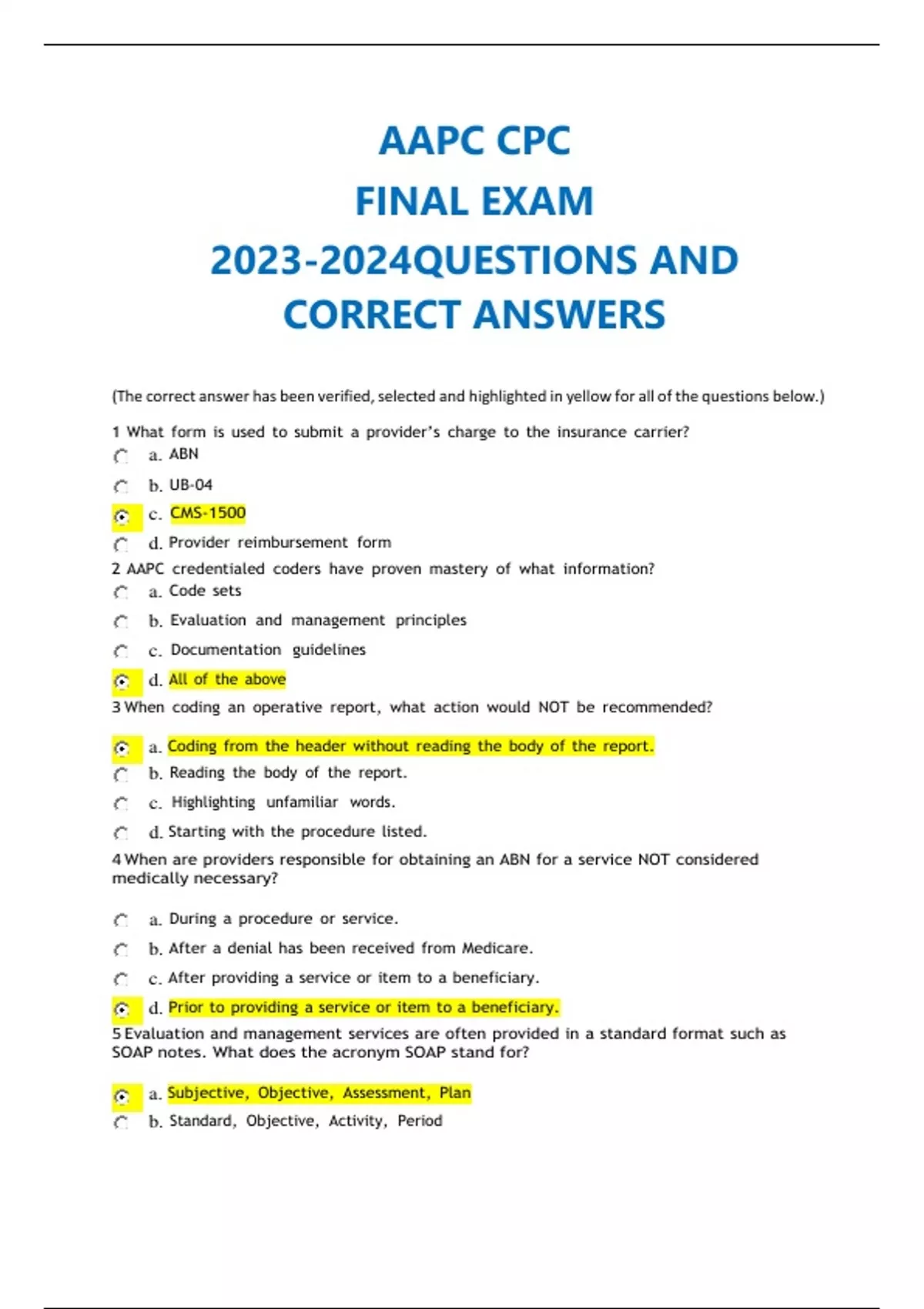 AAPC CPC FINAL EXAM QUESTIONS AND CORRECT ANSWERS AAPC CPC Stuvia US