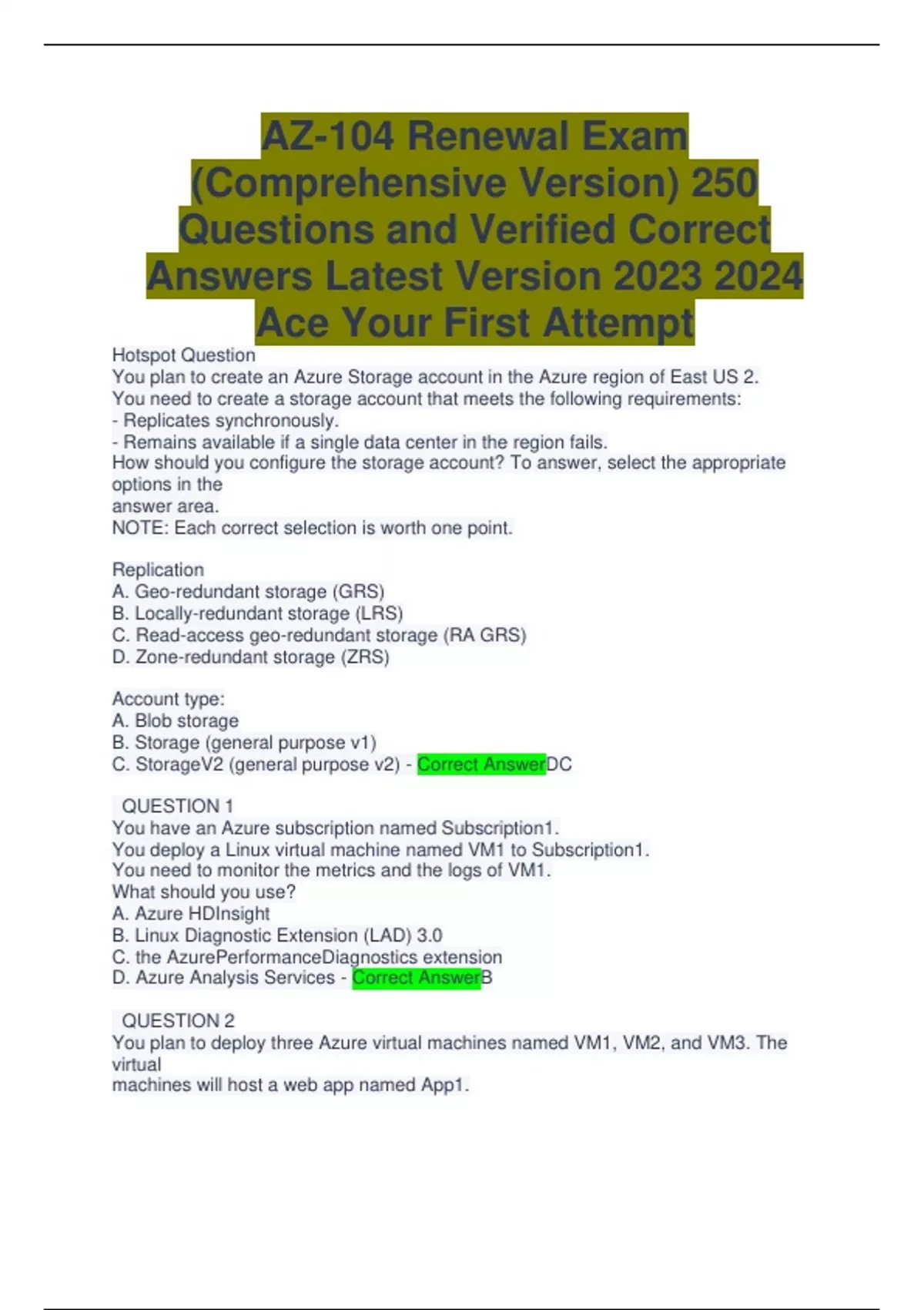 AZ104 Renewal Exam Version) 250 Questions and Verified