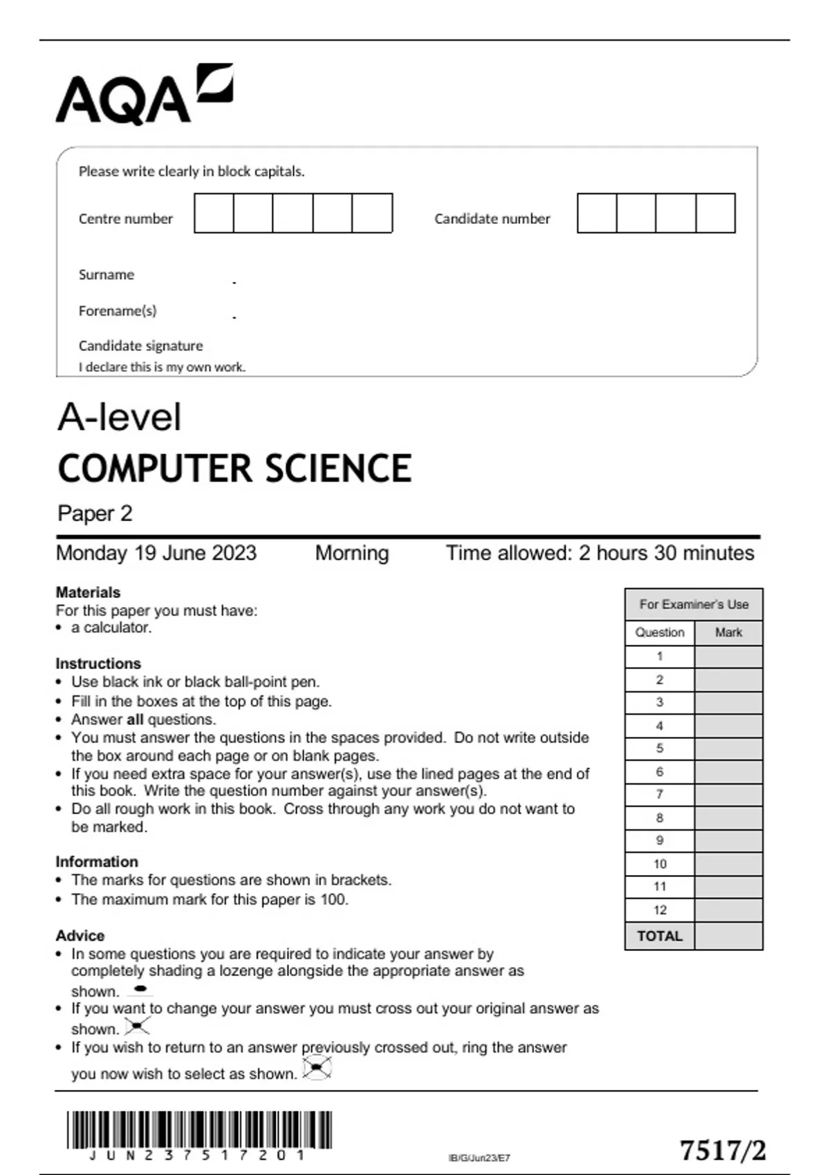 AQA A-level COMPUTER SCIENCE Paper 2 June 2023️️★★★★★ - AQA - Stuvia US