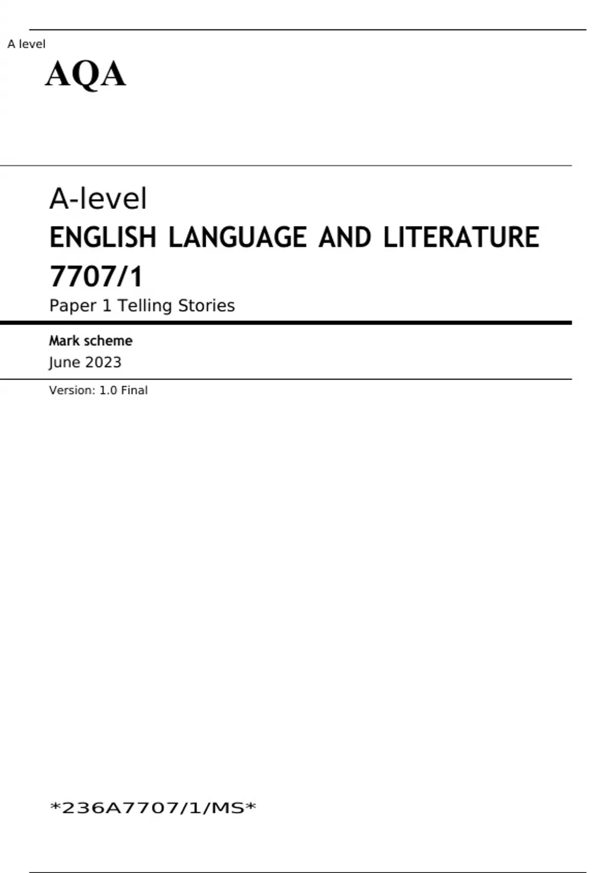 AQA A level ENGLISH LANGUAGE AND LITERATURE PAPER 1 JUNE 2023 MARK 