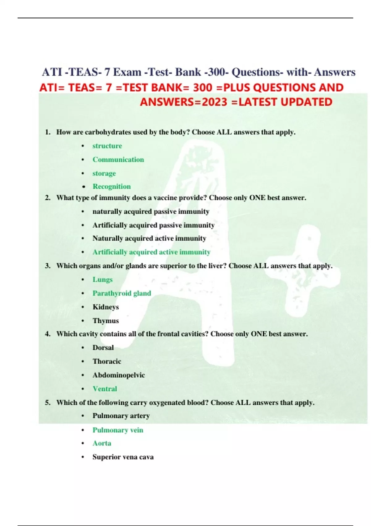 Ati Teas 7 Exam Test Bank 300 Questions With Answers Ati Teas 7 5883