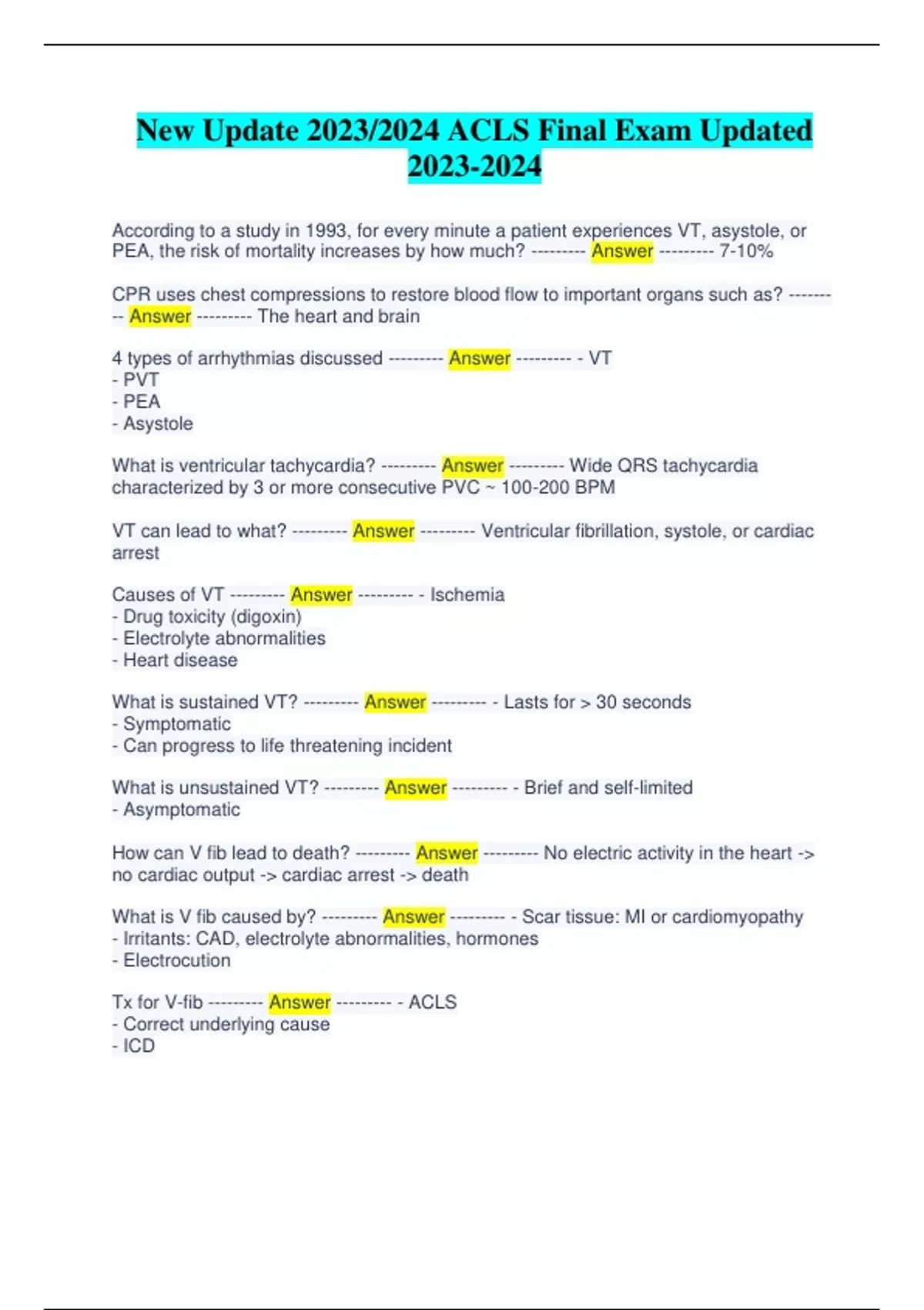 ACLS Final Exam Updated NEW UPDATE QUESTIONS AND ANSWERS AHA ACLS