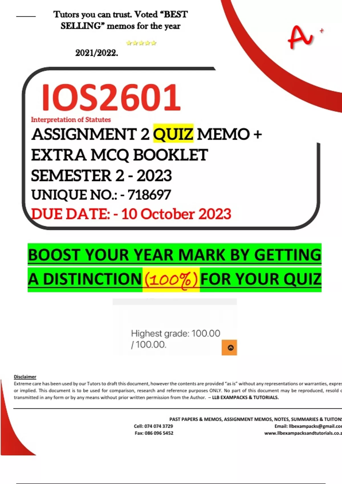 unisa unique assignment number