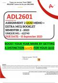 ADL2601 ASSIGNMENT 2 QUIZ MEMO - SEMESTER 2 - 2023 - UNISA - (UNIQUE NUMBER: - 622740 ) (DISTINCTION GUARANTEED) – DUE DATE 15 SEPTEMBER 2023