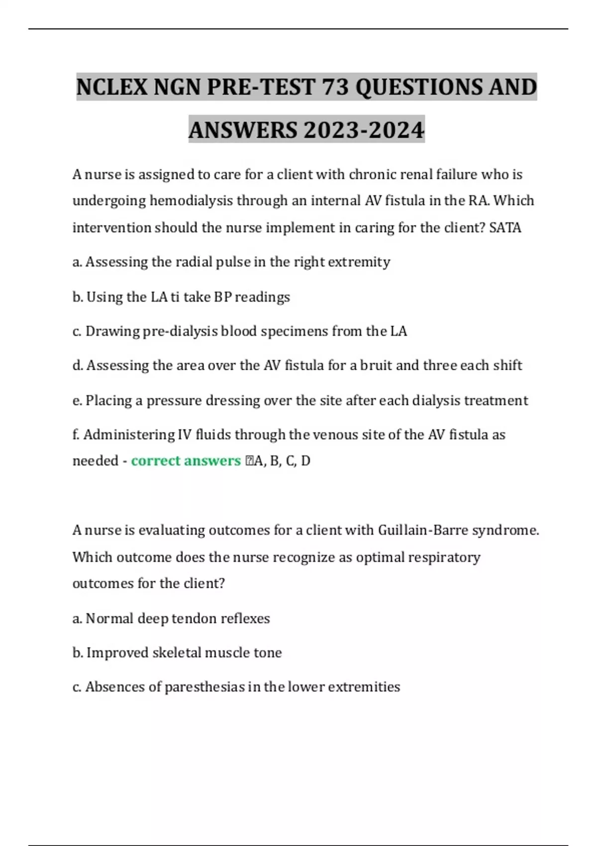 NCLEX NGN PRETEST 73 QUESTIONS AND ANSWERS Nclex Stuvia US