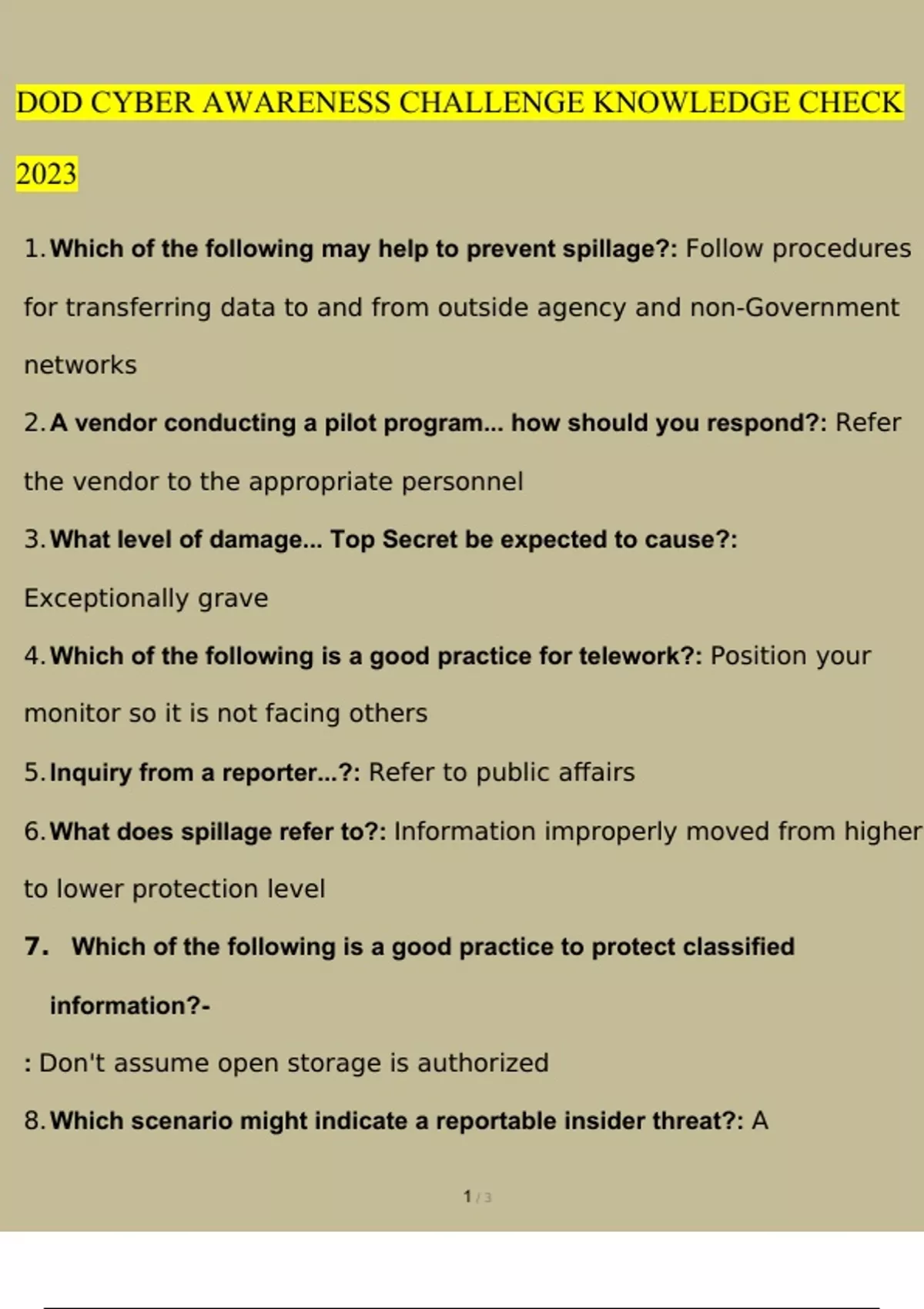 DOD CYBER AWARENESS CHALLENGE KNOWLEDGE CHECK 2023 Questions and Answers (2023 / 2024) (Verified