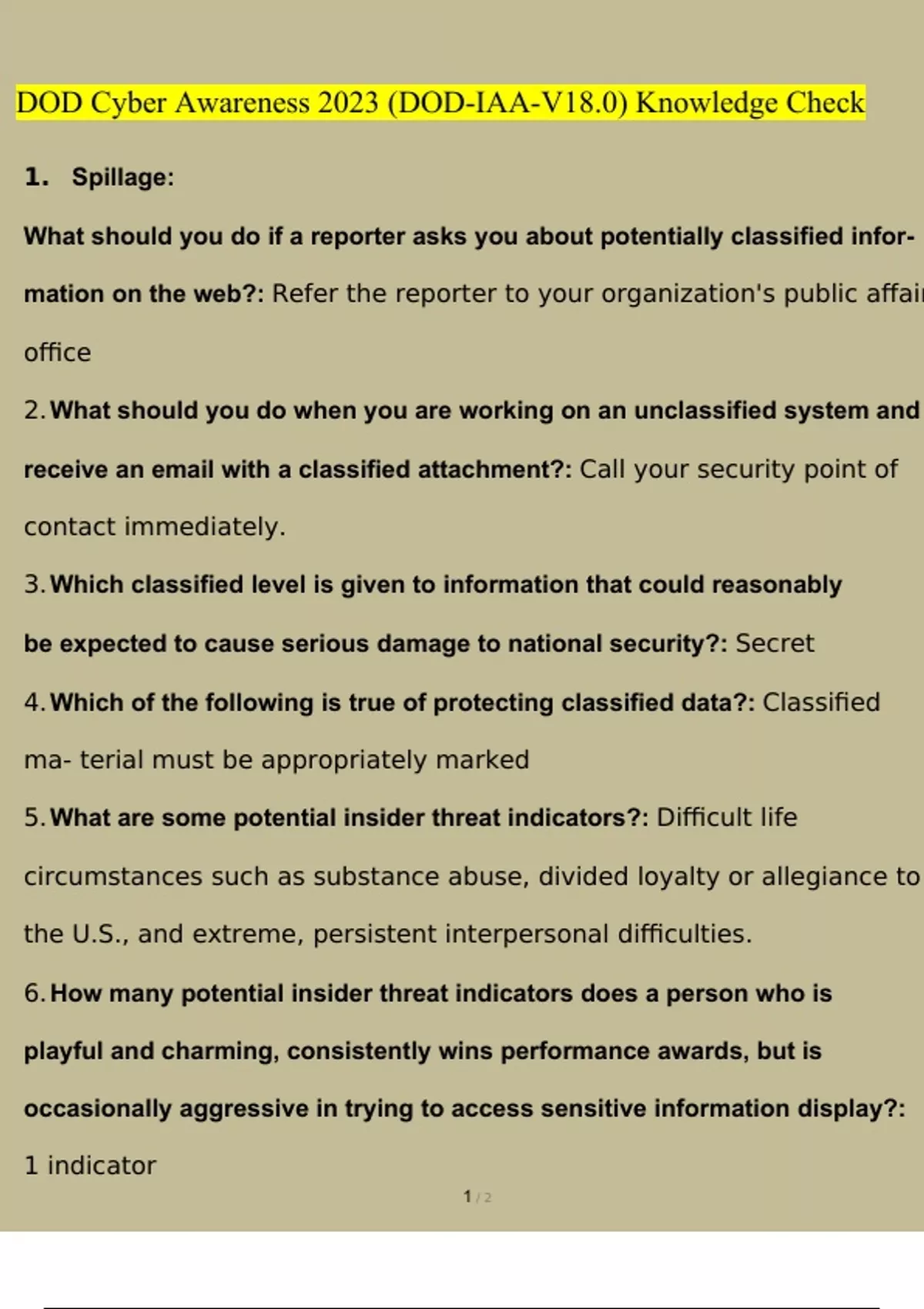 DOD Cyber Awareness 2023 (DODIAAV18.0) Knowledge Check Questions and