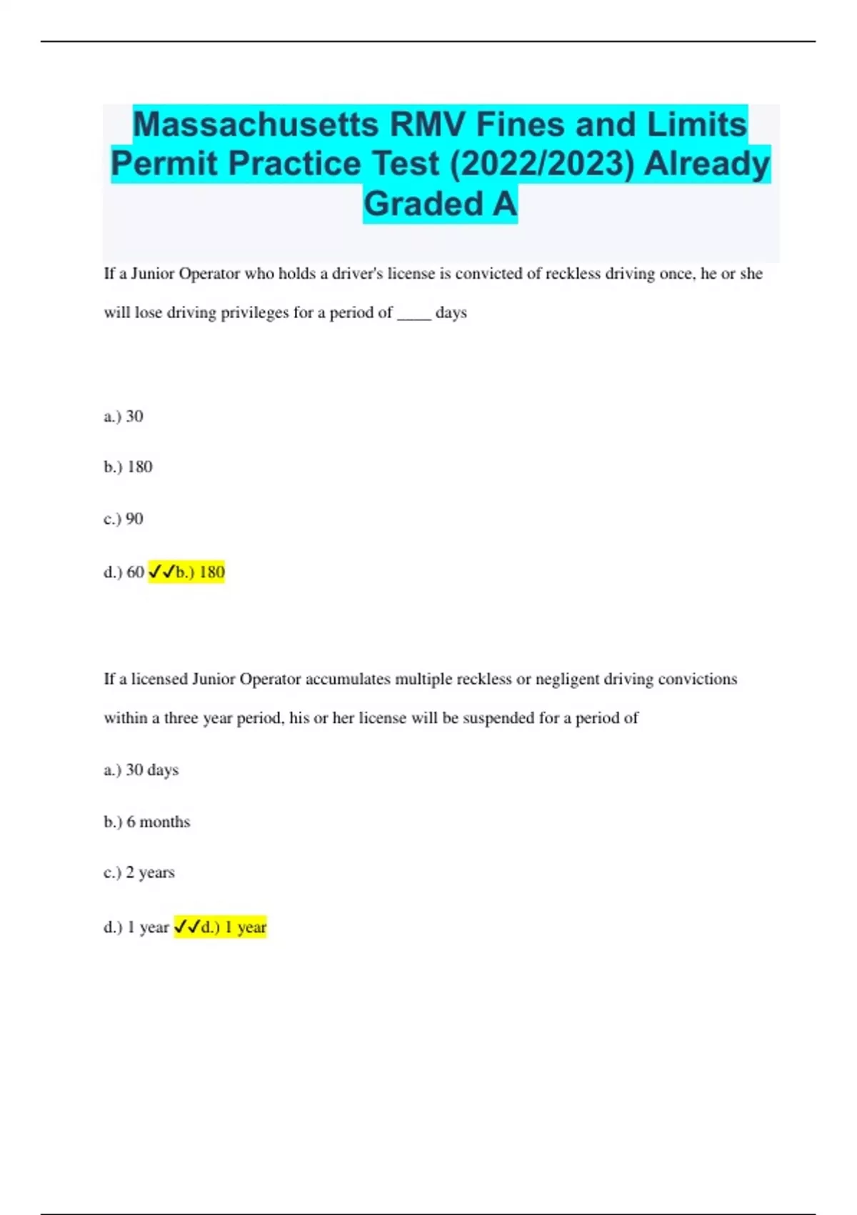 Massachusetts Rmv Fines And Limits Permit Practice Test Rated A Latest Update 20232024 0601