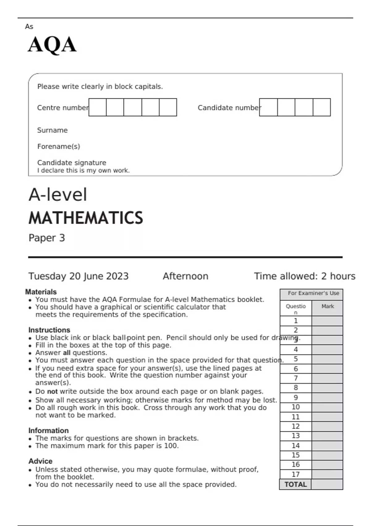 AQA A-level MATHEMATICS Paper 3 JUNE 2023 QUESTION PAPER - A-level ...