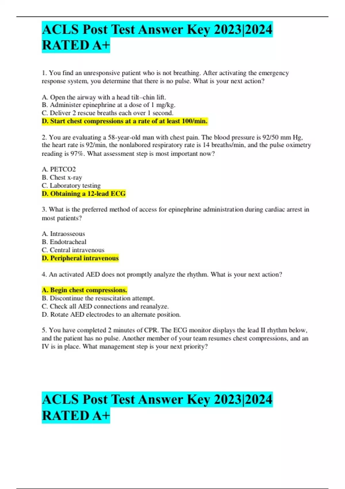 ACLS Post Test Answer Key 20232024 RATED A+ ACLS Stuvia US