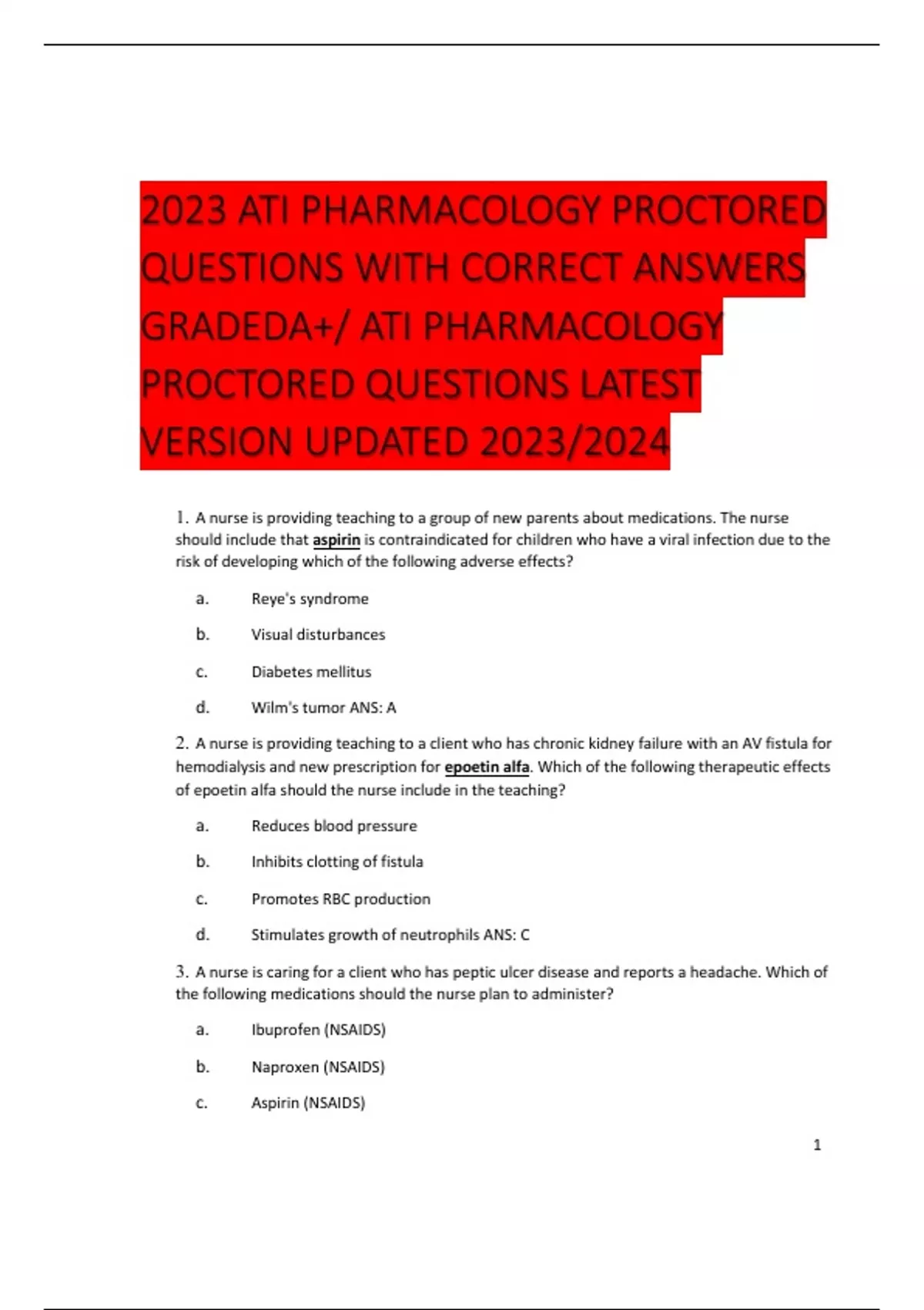 2023 ATI PHARMACOLOGY PROCTORED QUESTIONS WITH CORRECT ANSWERS GRADEDA+