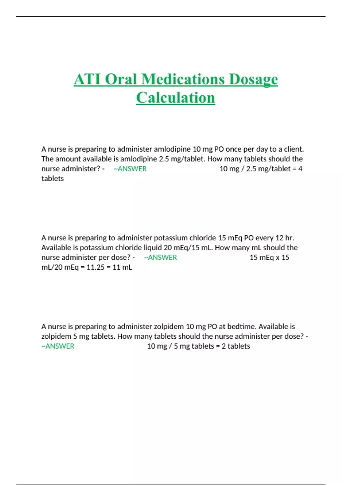 ATI Oral Medications Dosage Calculation ATI Dosage Calculation