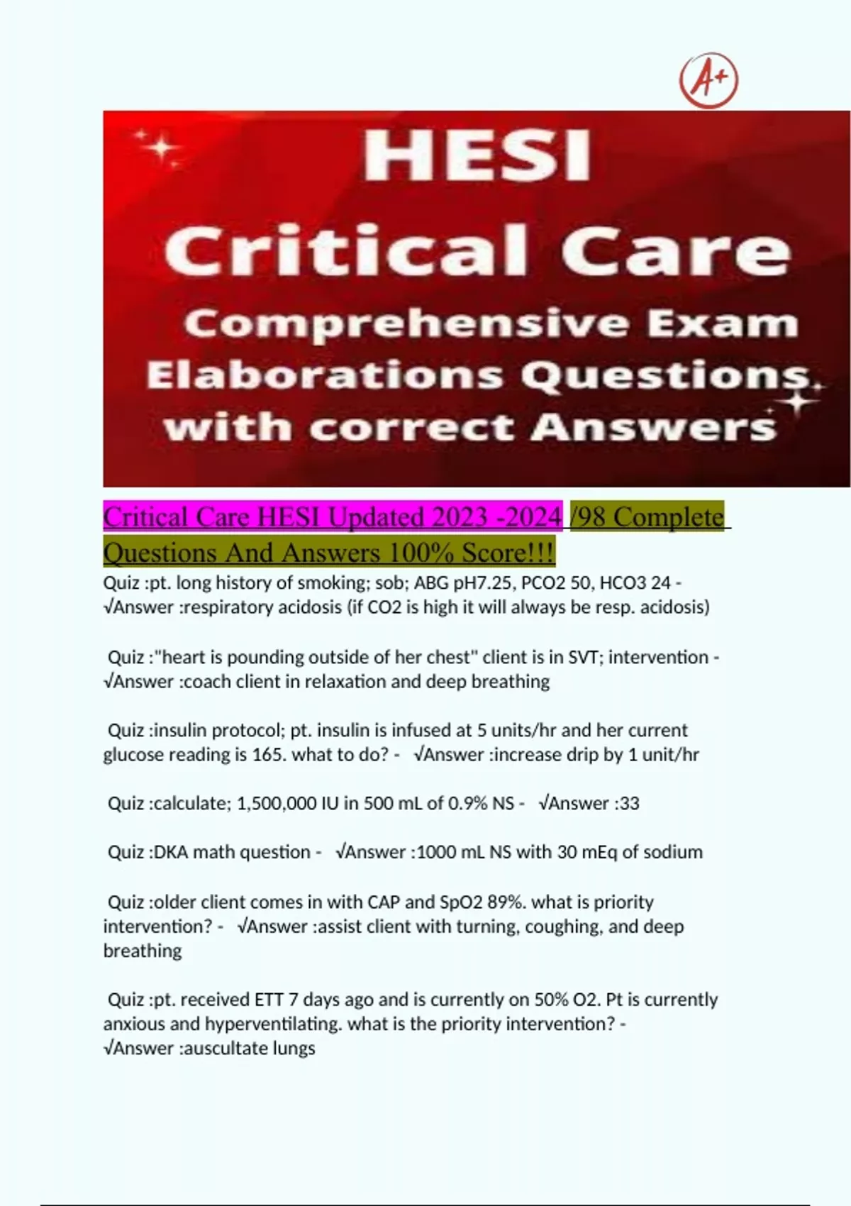 Critical Care HESI Updated /98 Complete Questions And Answers 100
