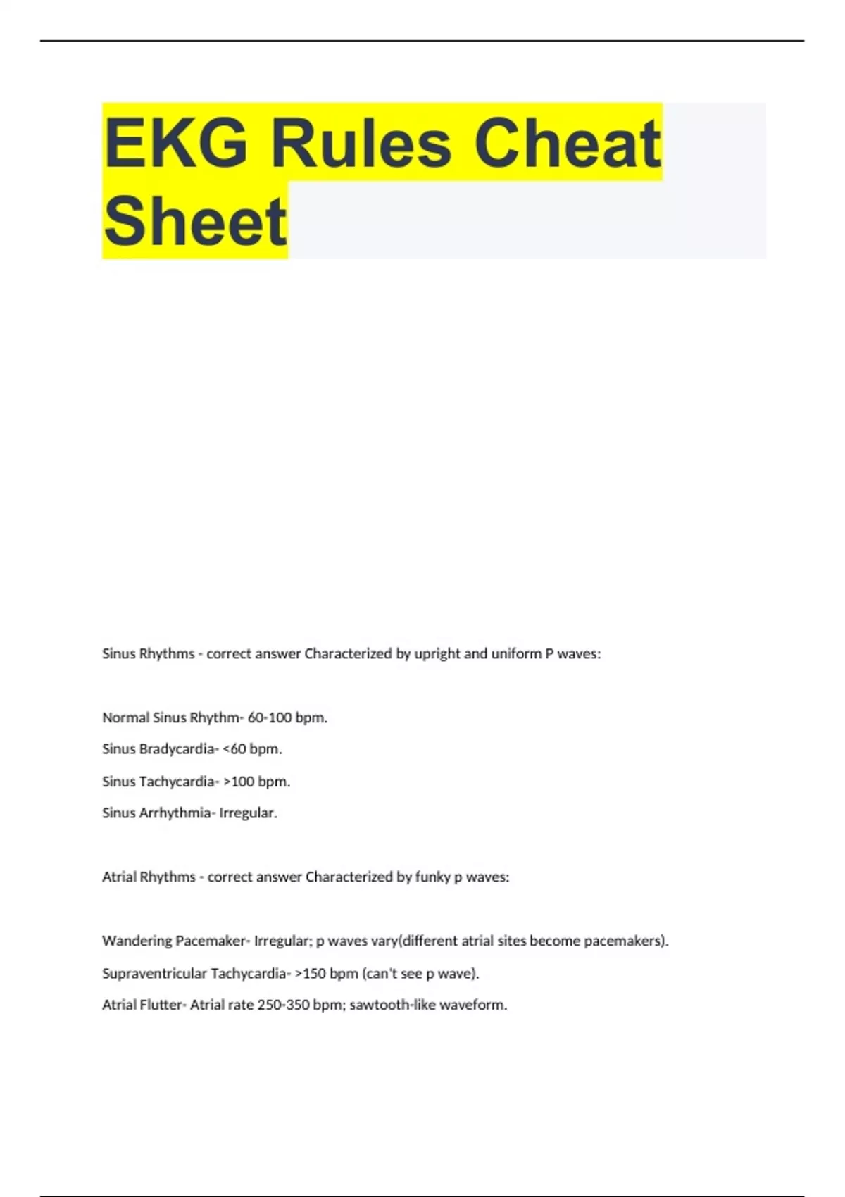 Ekg Rules Cheat Sheet With Correct Answers 100 Ekg Stuvia Us