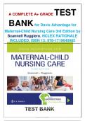 A COMPLETE A+ GRADE TEST BANK for Davis Advantage for Maternal-Child Nursing Care 3rd Edition by Scannell & Ruggiero(2021), NCLEX RATIONALE INCLUDED, ISBN 13: 978-1719640985-100% Guarantee