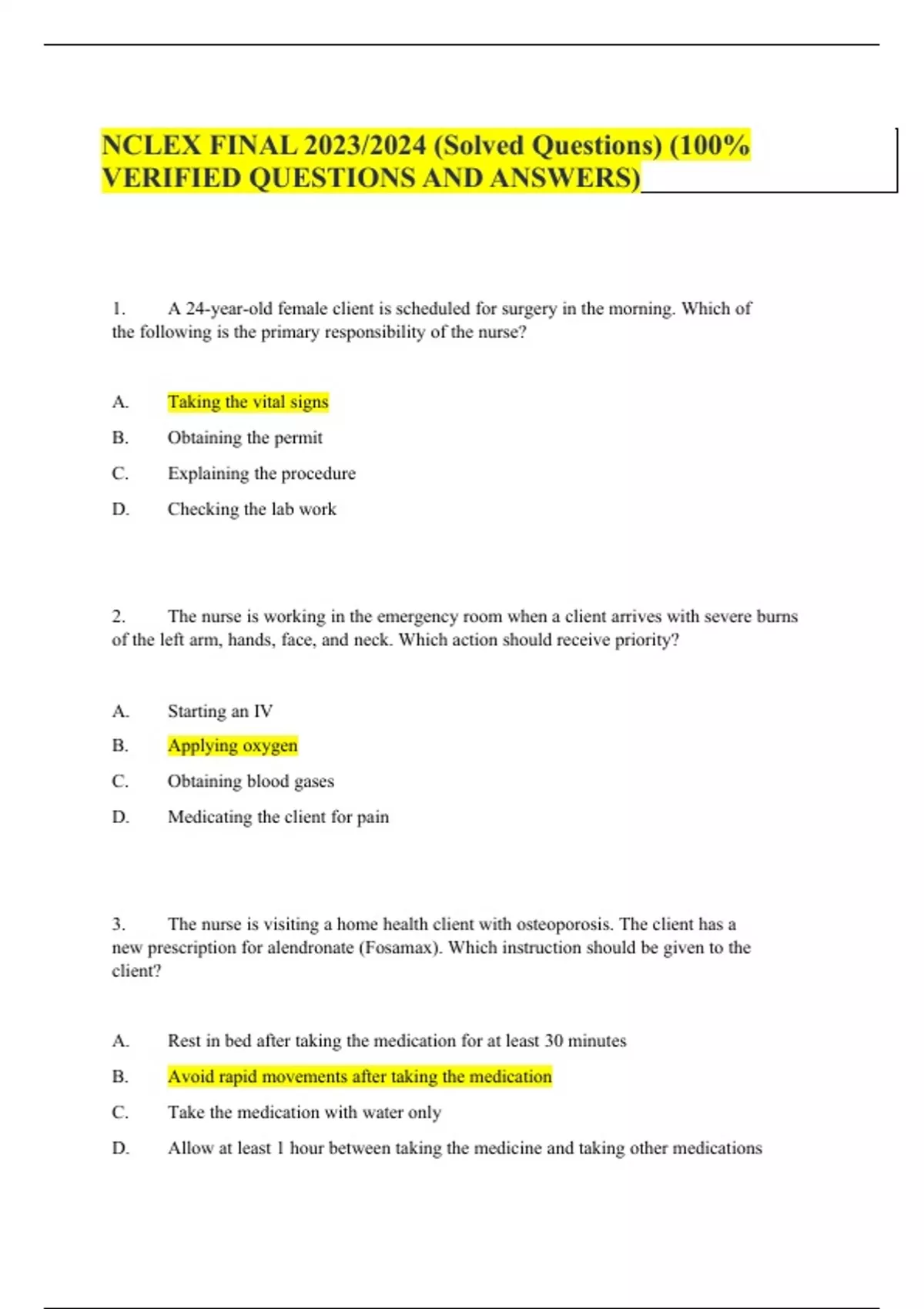 NCLEX FINAL 2023/2024 (Solved Questions) (100 VERIFIED QUESTIONS AND