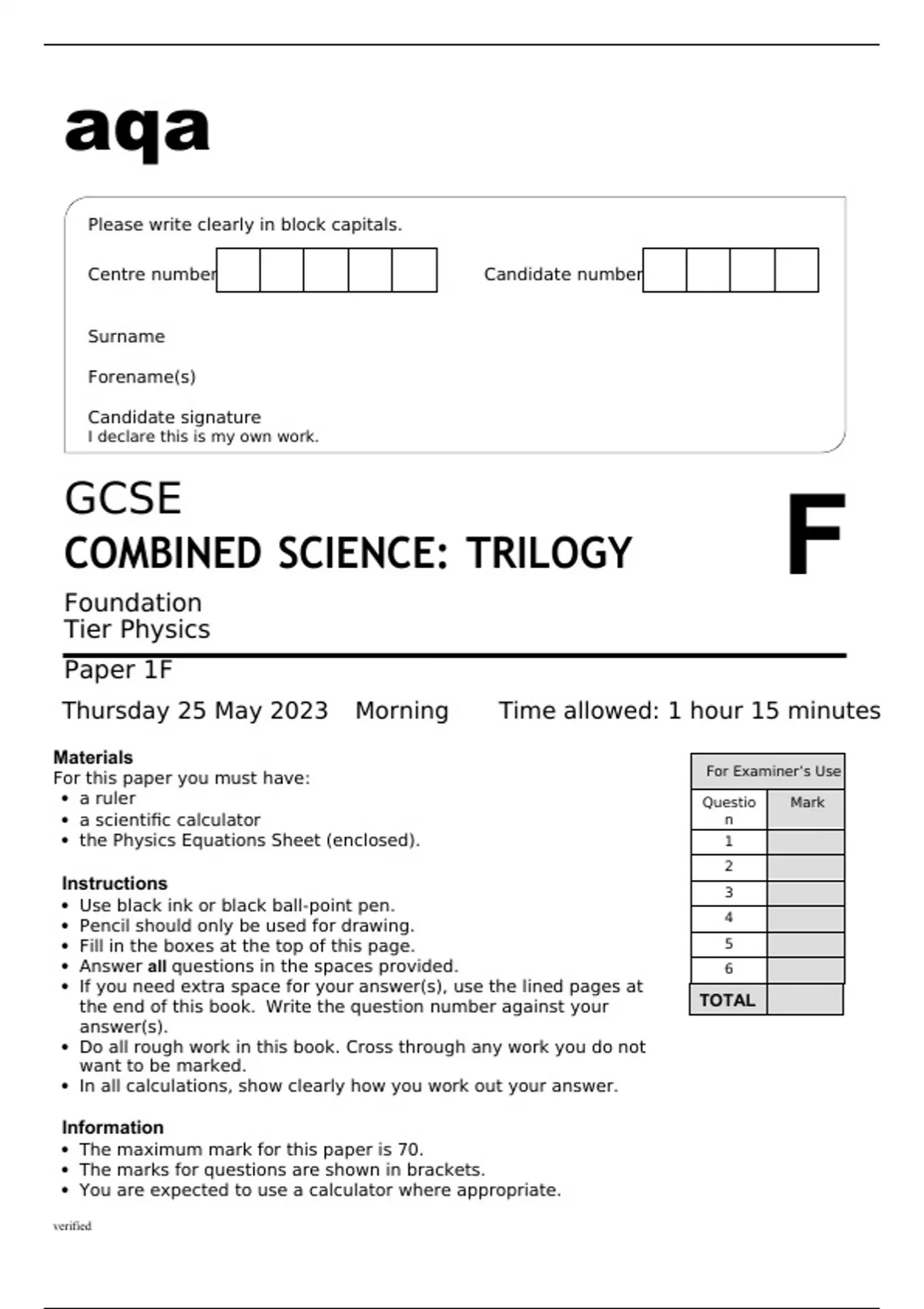 Aqa GCSE Combined Science (Trilogy) 8464/P/1F Question Paper And Mark ...