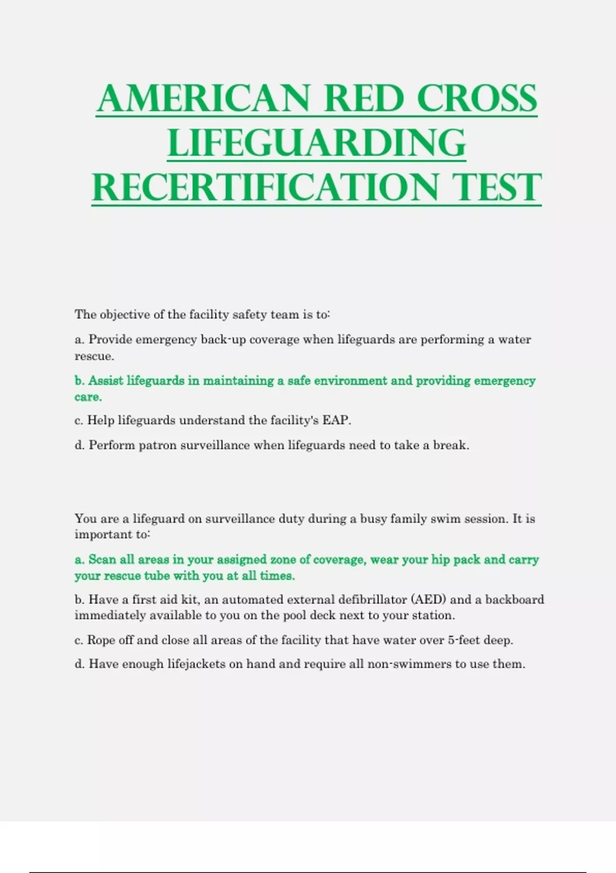 American Red Cross LIFEGUARDING Recertification Test (2023 / 2024