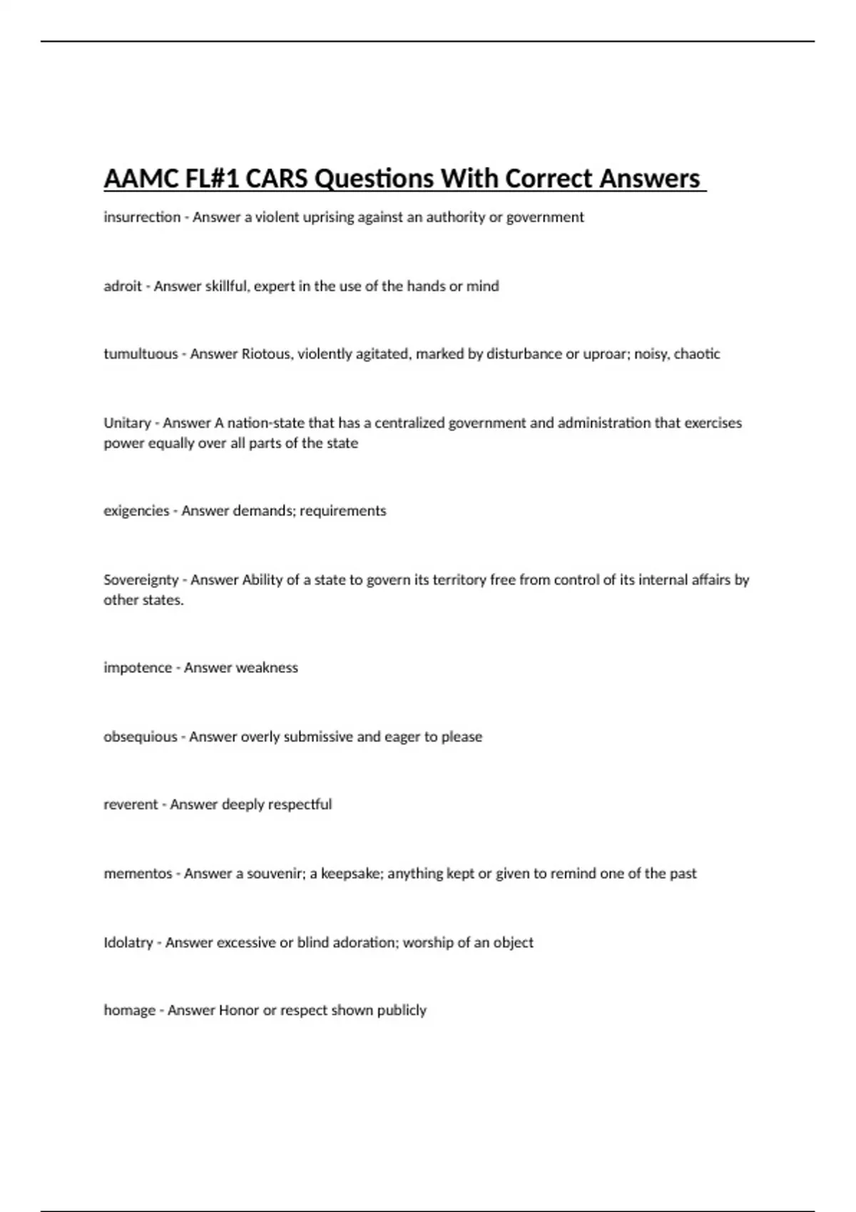 AAMC FL 1 CARS Questions With Correct Answers AAMC FL1 Stuvia US