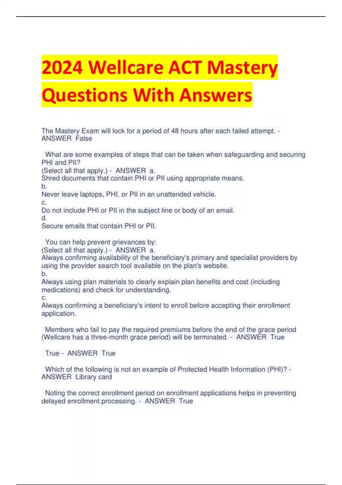 2024 Wellcare ACT Mastery Questions With Answers Wellcare ACT Mastery