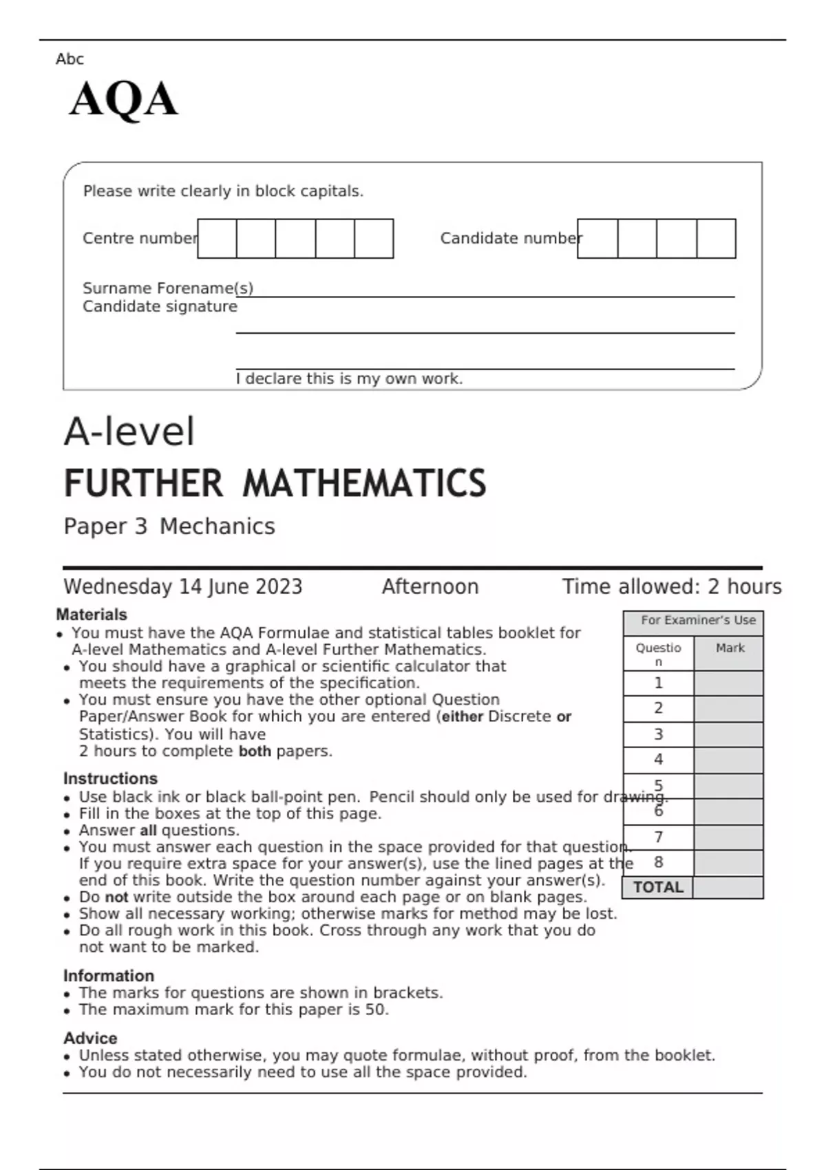 AQA A-level FURTHER MATHEMATICS Paper 3 Mechanics JUNE 2023 QUESTION ...