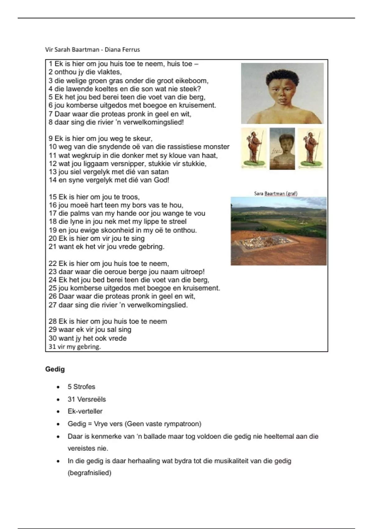 Summary Vir Sara Baartman Graad 10 Afrikaans FAL - Afrikaans First ...