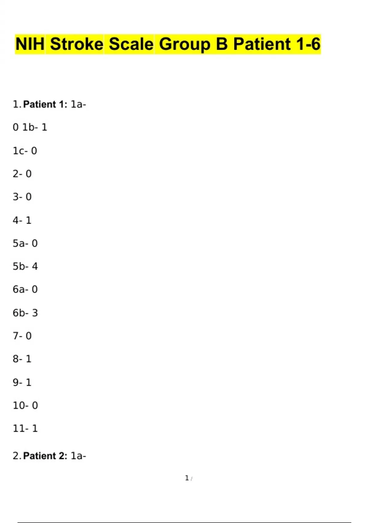 NIH Stroke Scale Group B Patient 1-6 Questions And Answers Latest ...