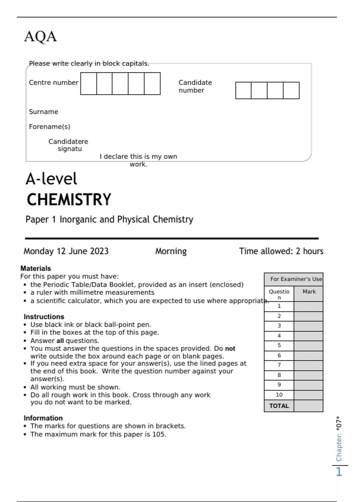 AQA A-level CHEMISTRY 7405/1 Paper 1 Inorganic and Physical Chemistry ...