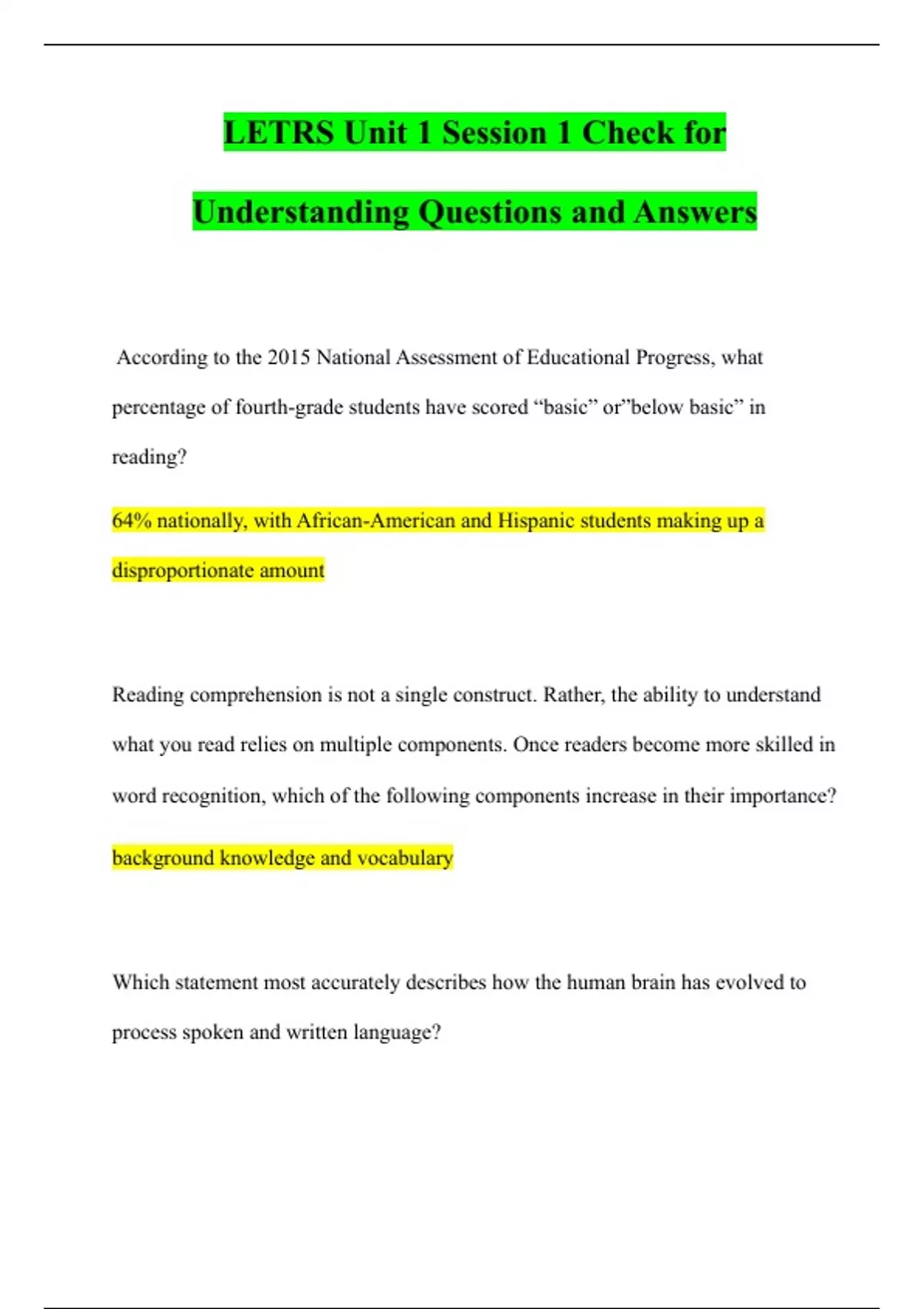 LETRS Unit 1 Session 1 Check for Understanding Questions and Answers ...