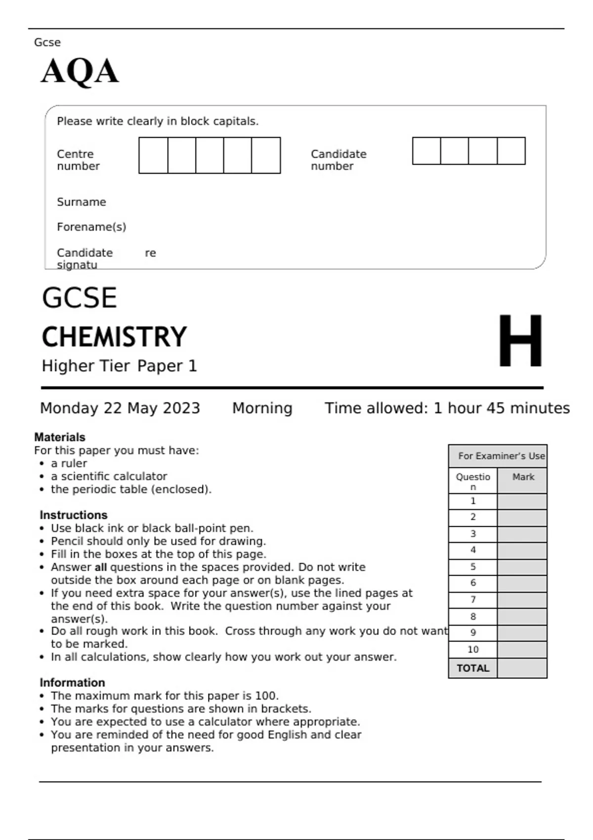 AQA GCSE CHEMISTRY Higher Tier Paper 1 JUNE 2023 QUESTION PAPER - GCSE ...