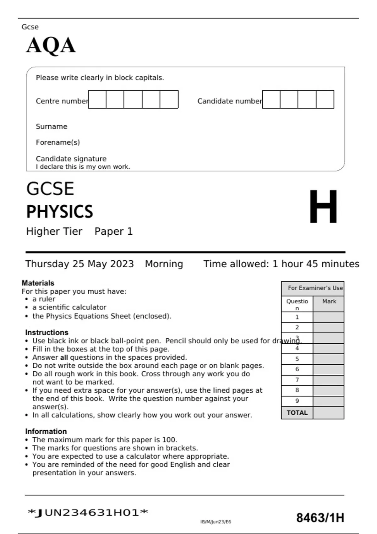 Aqa Gcse Physics Higher Tier Paper 1 June 2023 Question Paper Gcse Physics Stuvia Us 0800