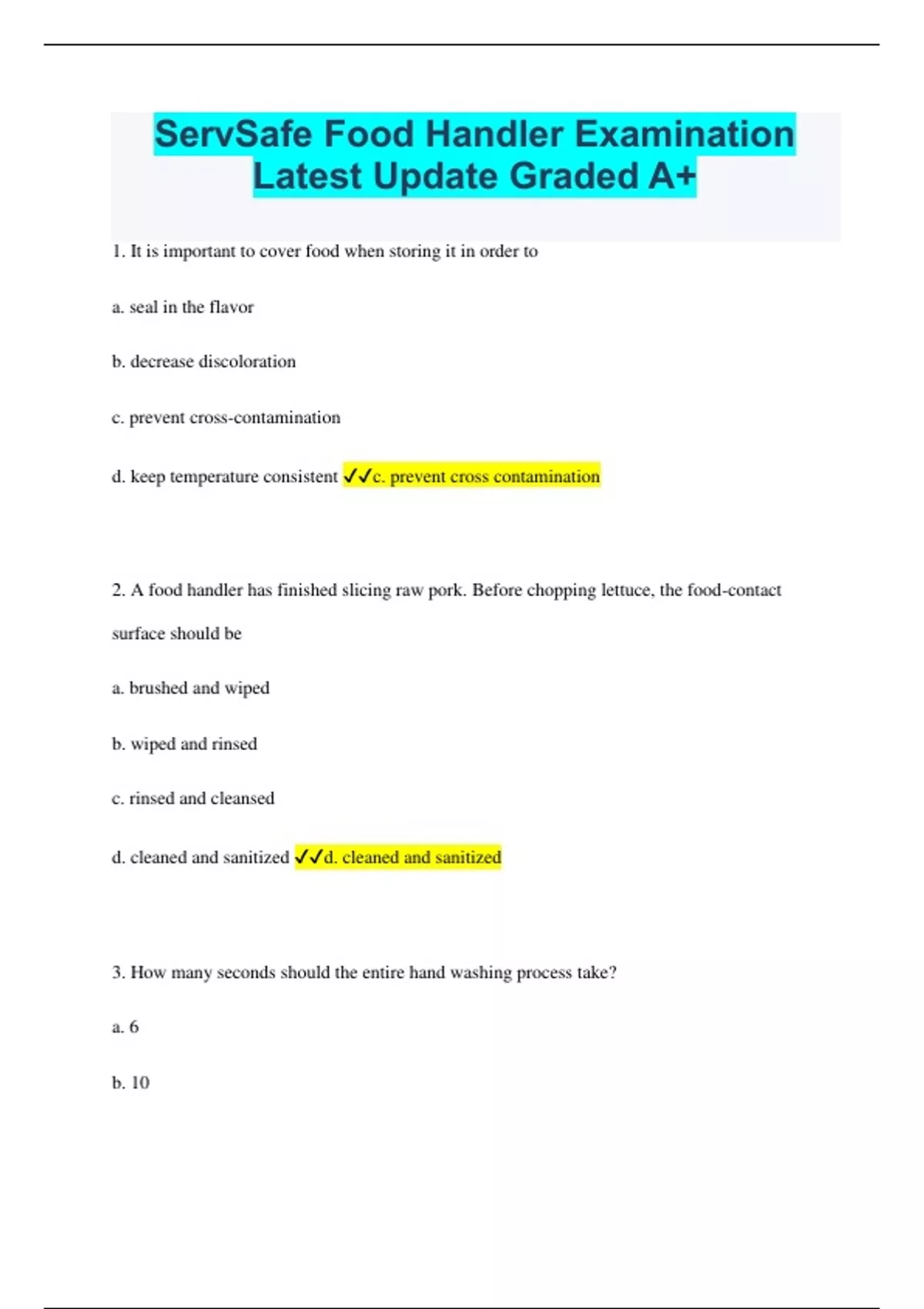 Servsafe Food Handler Test Answers 2025