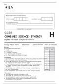 AQA GCSE COMBINED SCIENCE SYNERGY Higher Tier Paper 3 JUNE 2023 QUESTION PAPER: Physical Sciences