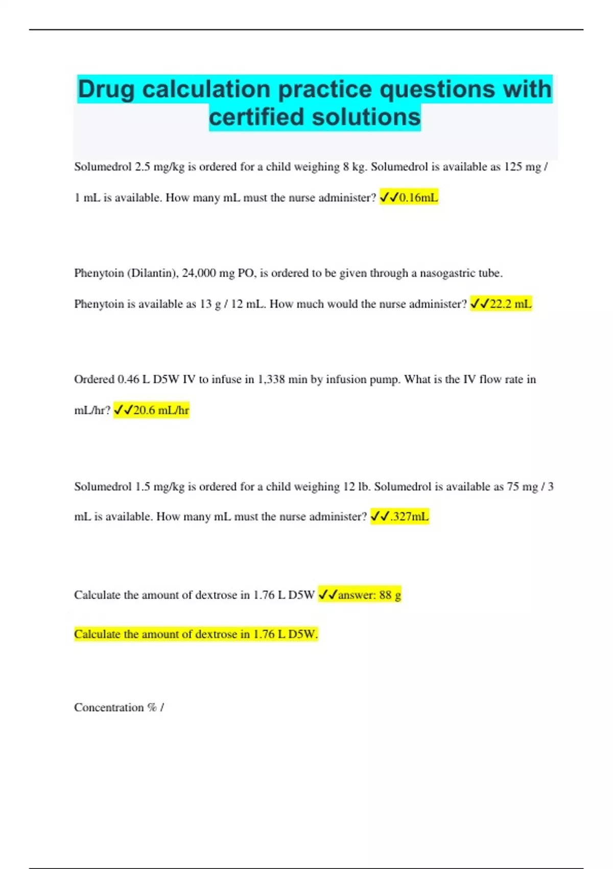 Drug Calculation Practice Questions With Certified Solutions Dosage Stuvia Us