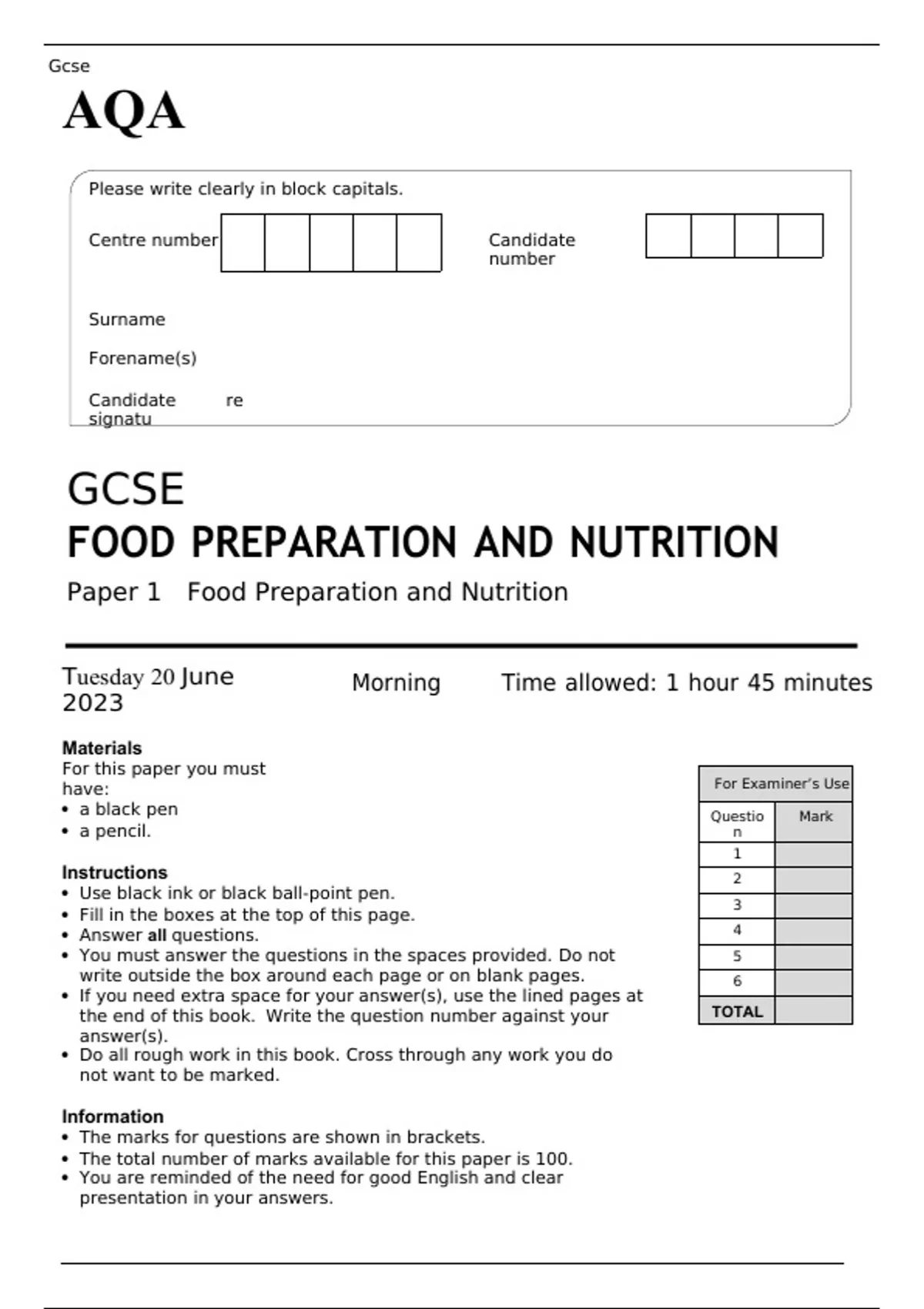 AQA GCSE FOOD PREPARATION AND NUTRITION Paper JUNE QUESTION PAPER Food Preparation And