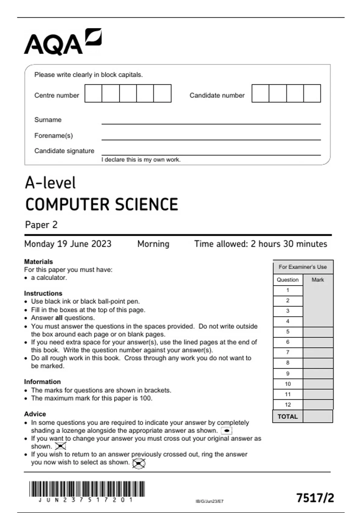 AQA A LEVEL COMPUTER SCIENCE PAPER 2 QUESTION PAPER AND MARKSCHEME ...