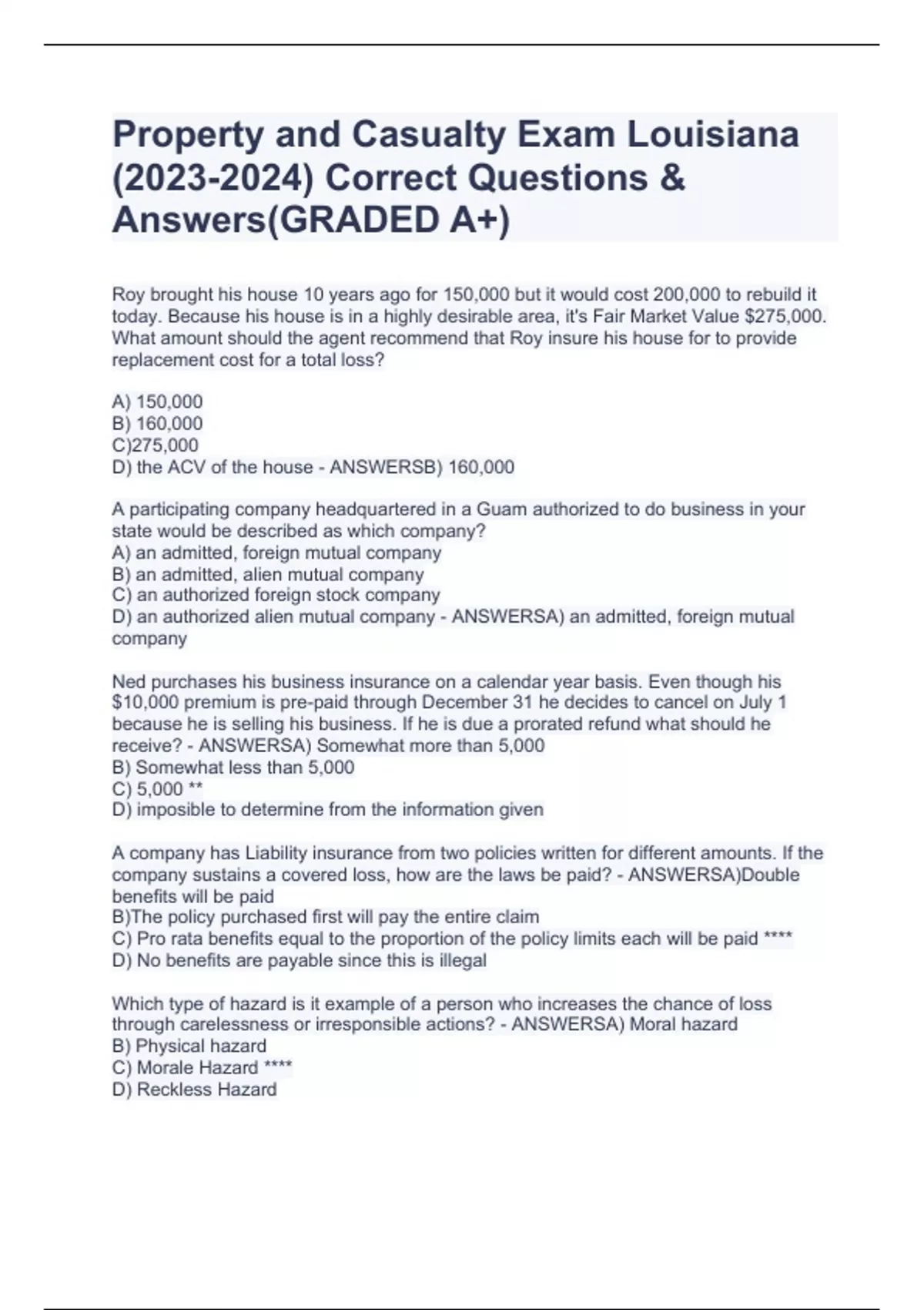 Property And Casualty Exam Louisiana () Correct Questions & Answers ...