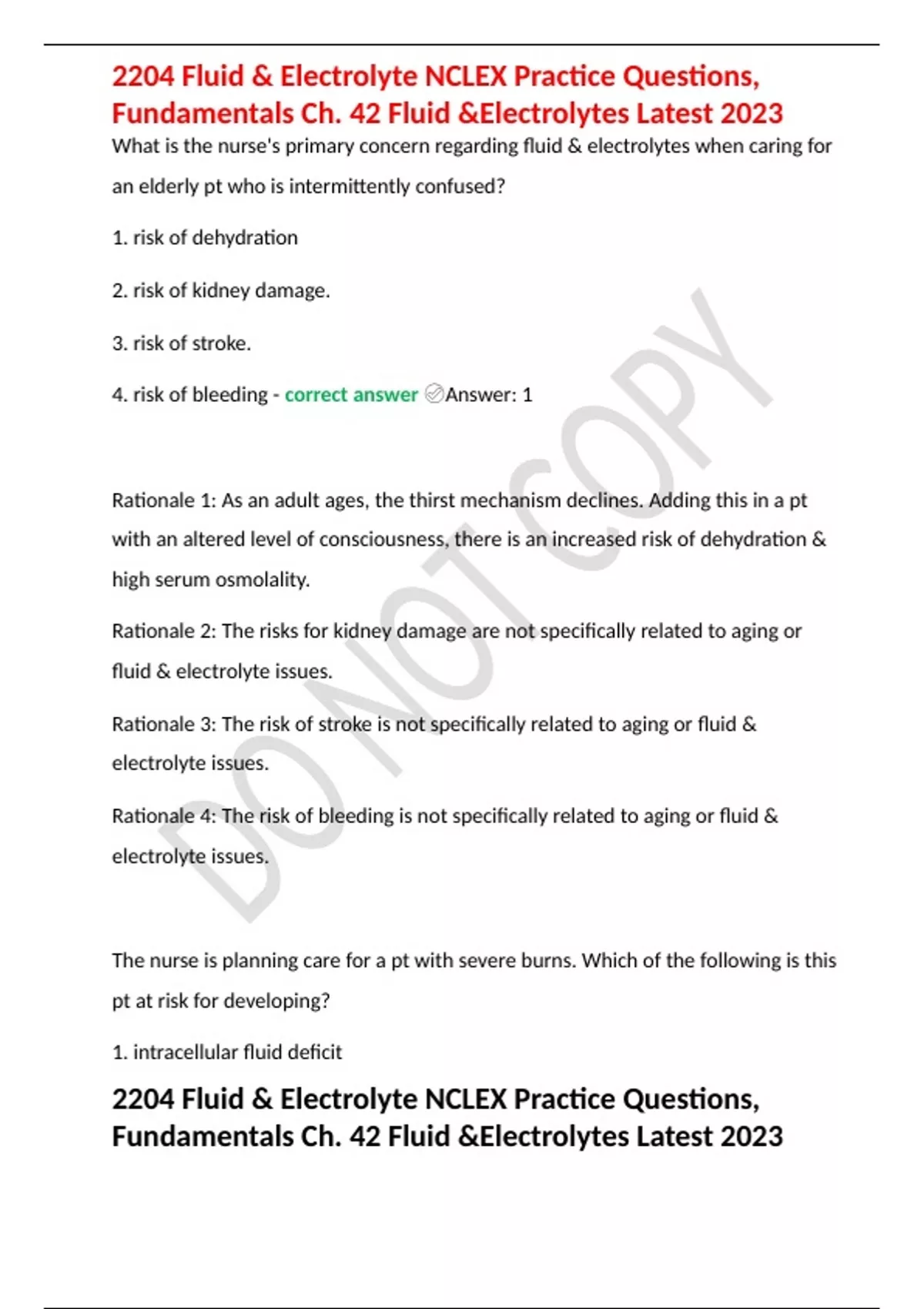 2204 Fluid And Electrolyte Nclex Practice Questions Fundamentals Ch 42 Fluid Andelectrolytes