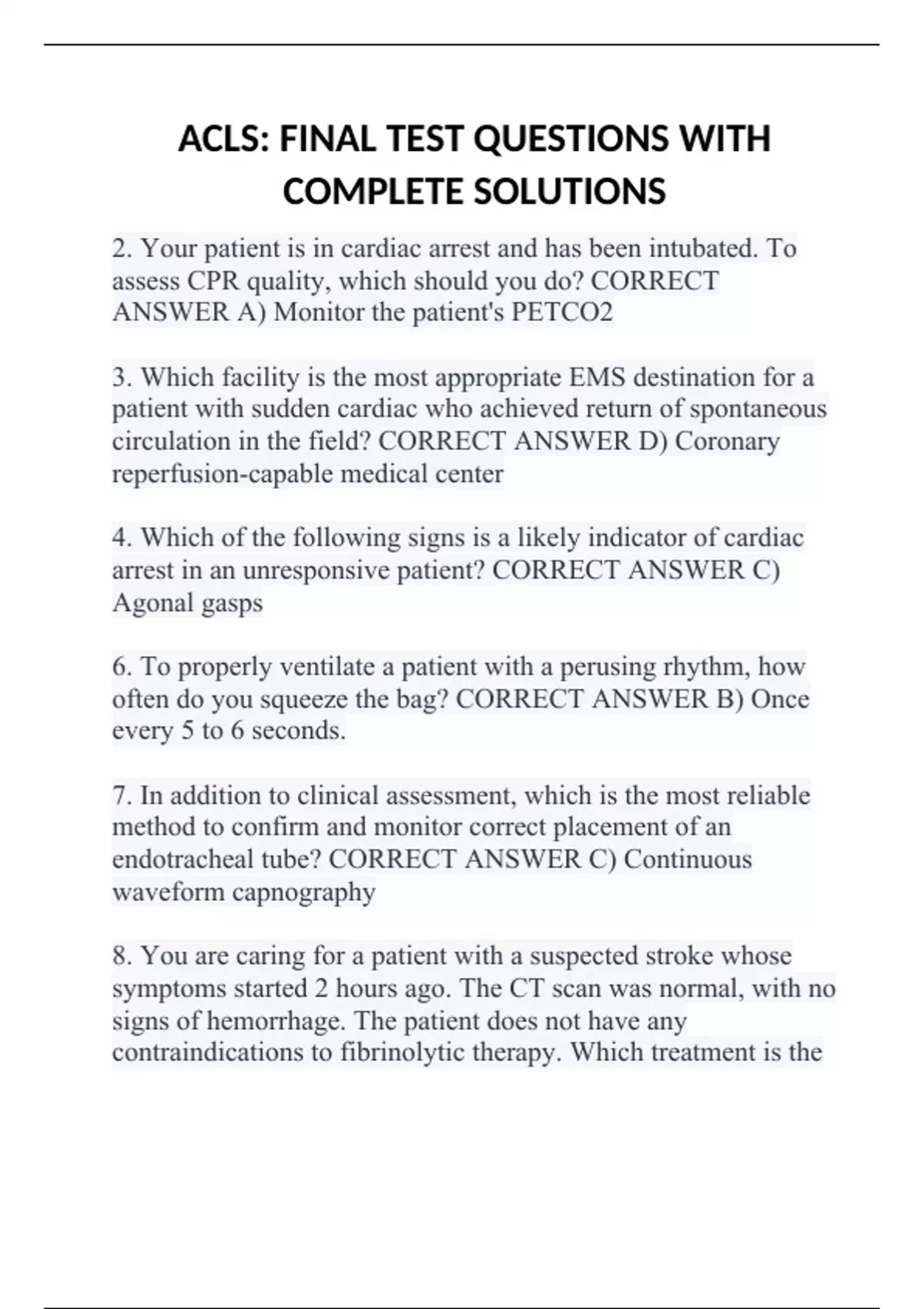 ACLS: FINAL TEST QUESTIONS WITH COMPLETE SOLUTIONS - Nursing - Stuvia US