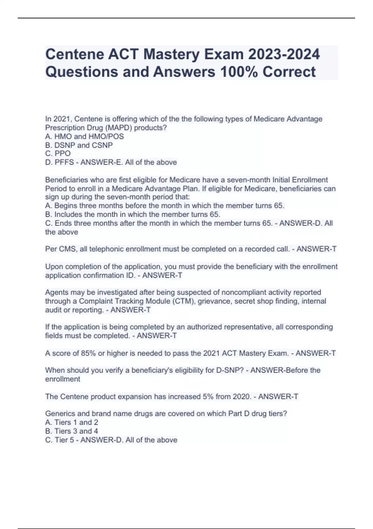 Centene ACT Mastery Exam Questions and Answers 100 Correct Centene