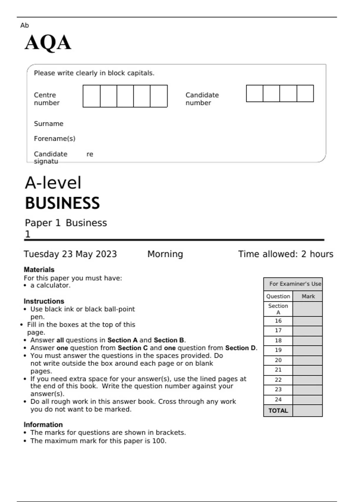 AQA Alevel BUSINESS Paper 1 Business 1 QUESTION PAPER 2023 Alevel