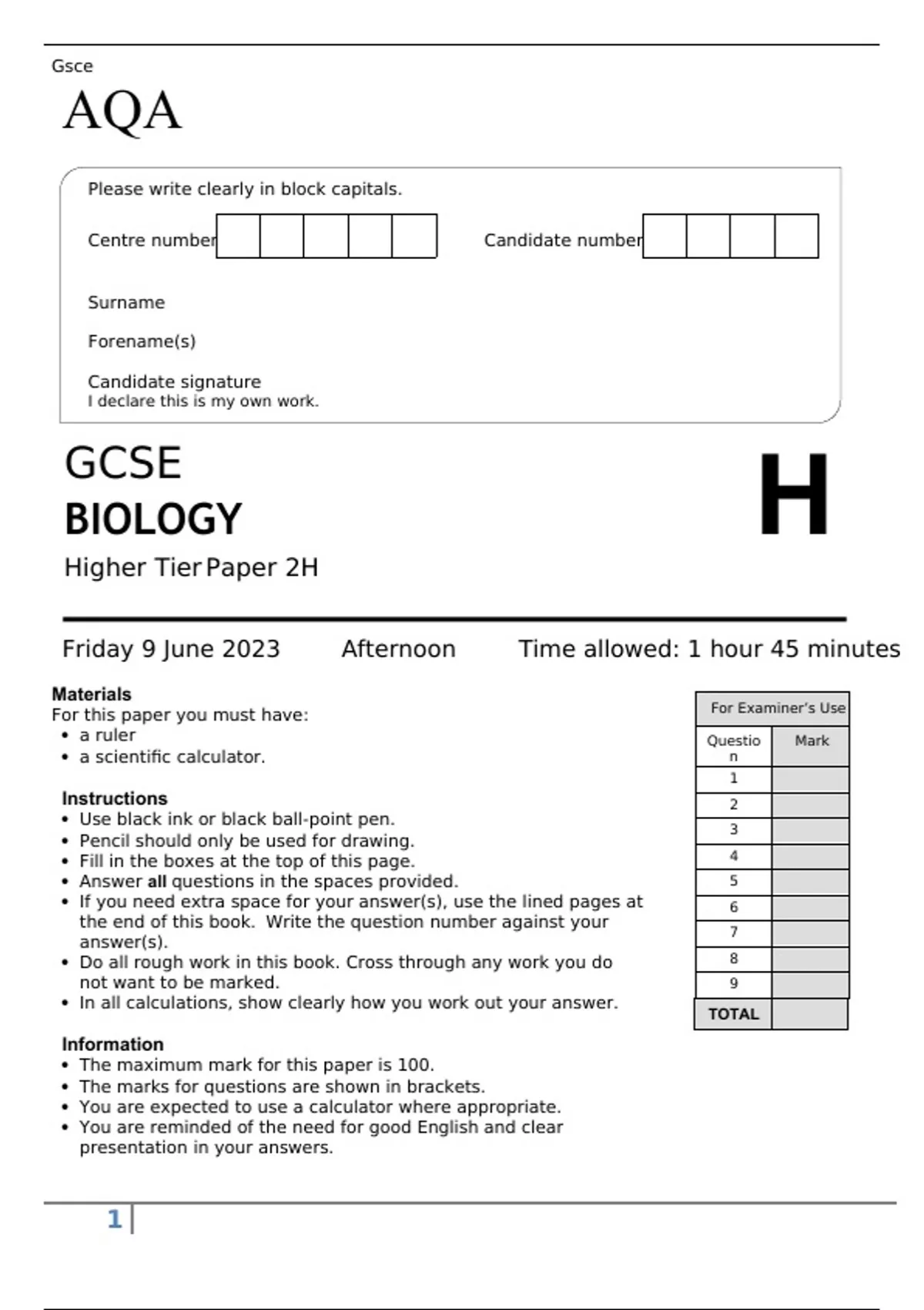 AQA GCSE BIOLOGY 8461/2H Paper 2 Higher Tier together with Mark scheme ...